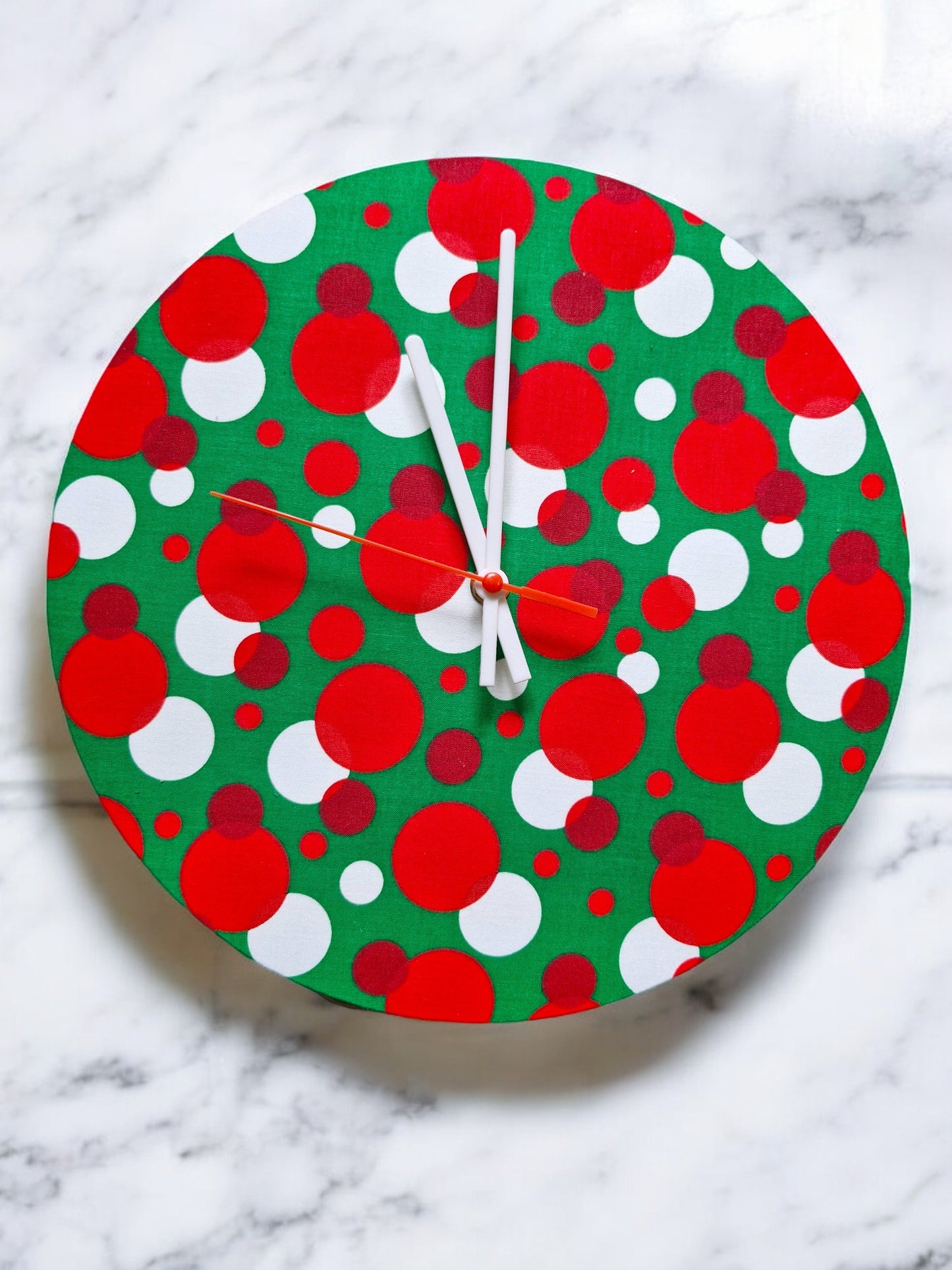 Green Clock with Red and White Spots Handmade 30cms 12" Diameter