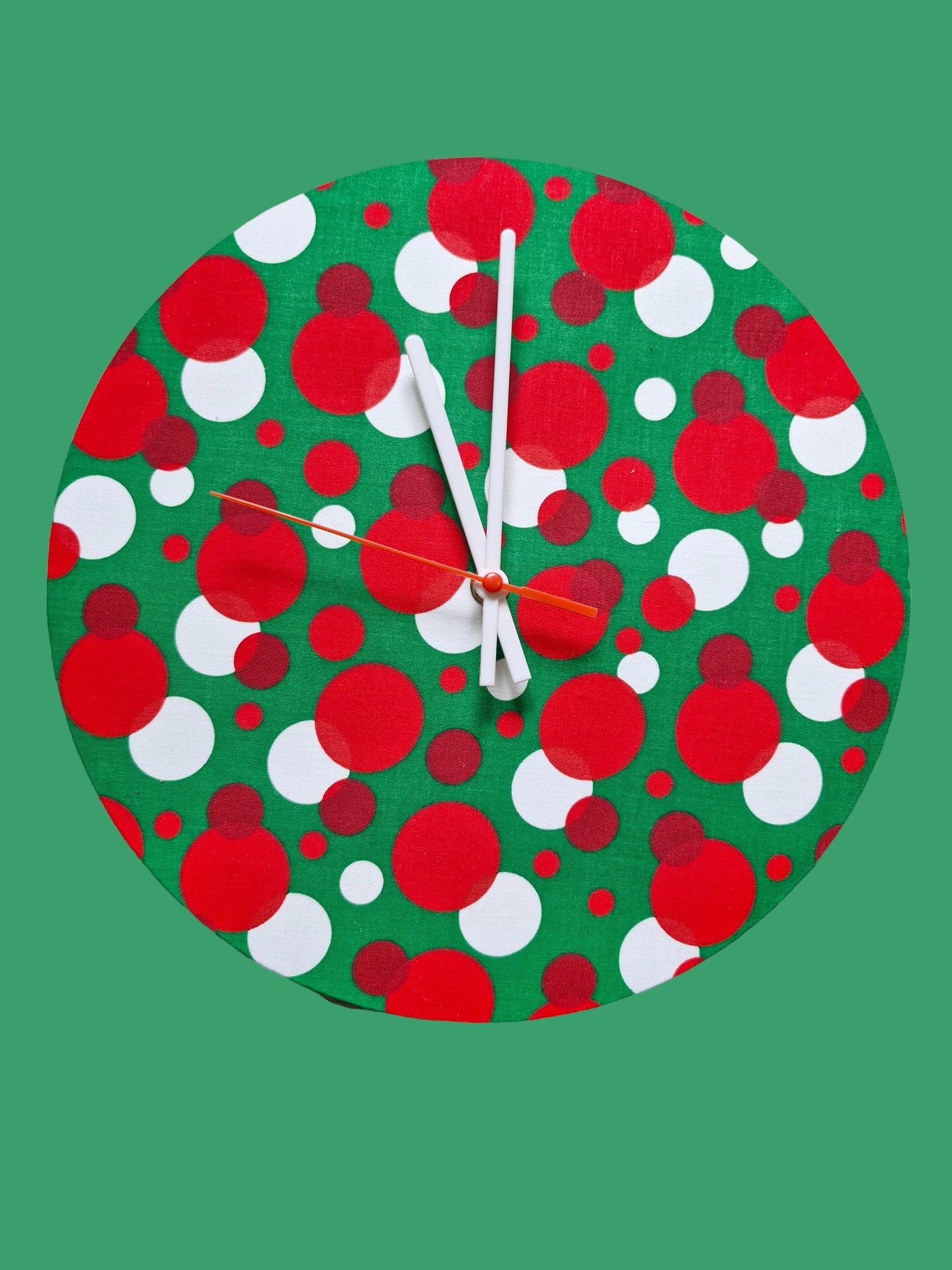 Green Clock with Red and White Spots Handmade 30cms 12" Diameter