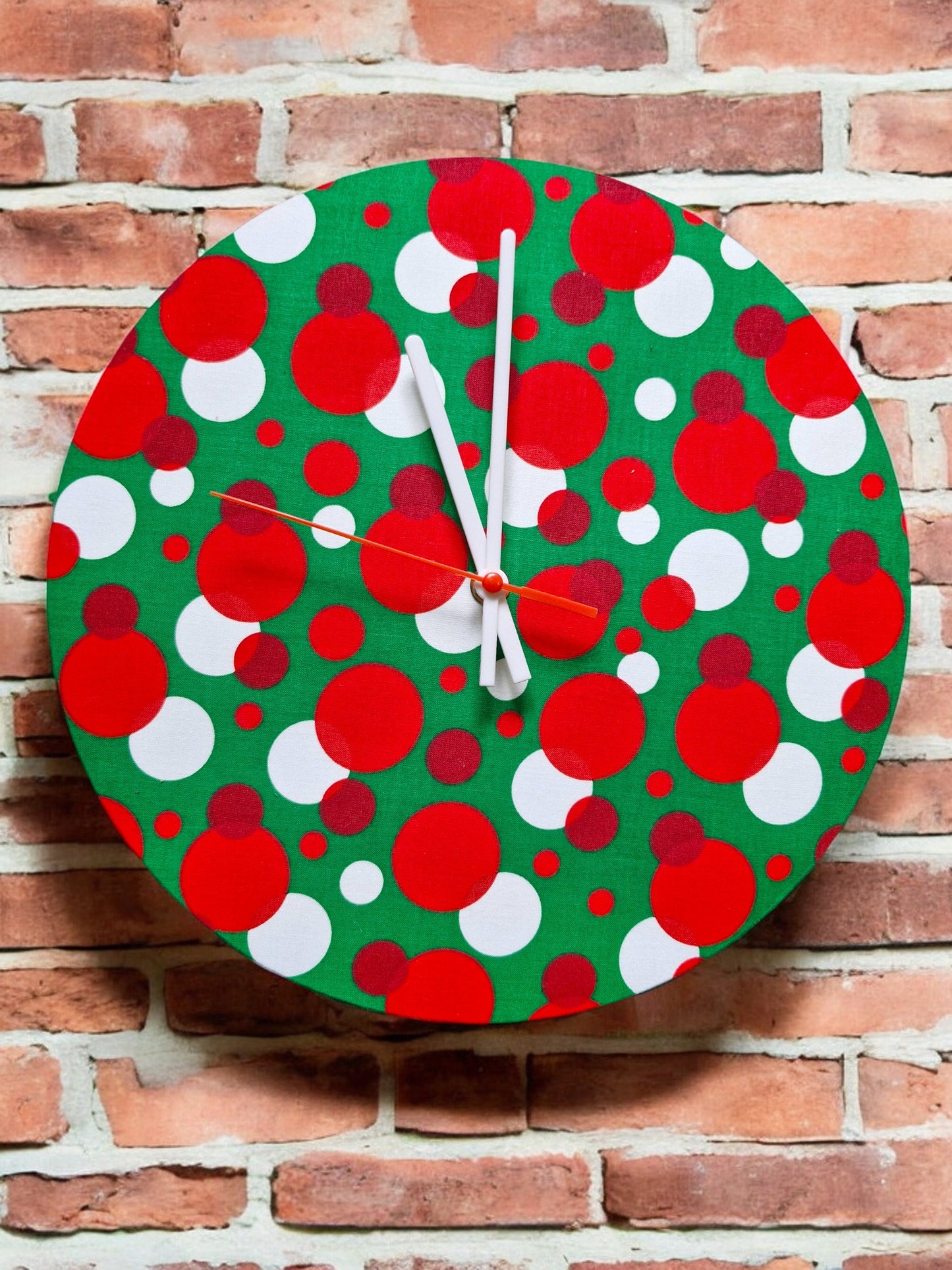 Green Clock with Red and White Spots Handmade 30cms 12" Diameter