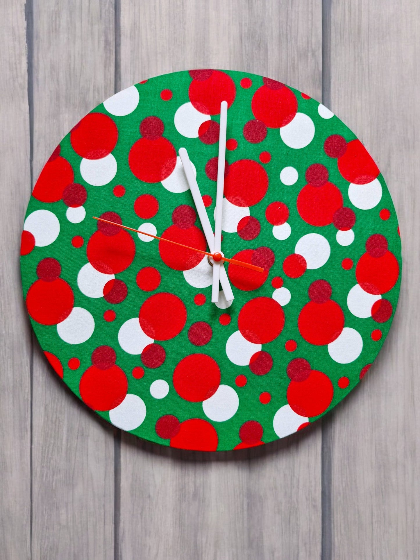 Green Clock with Red and White Spots Handmade 30cms 12" Diameter