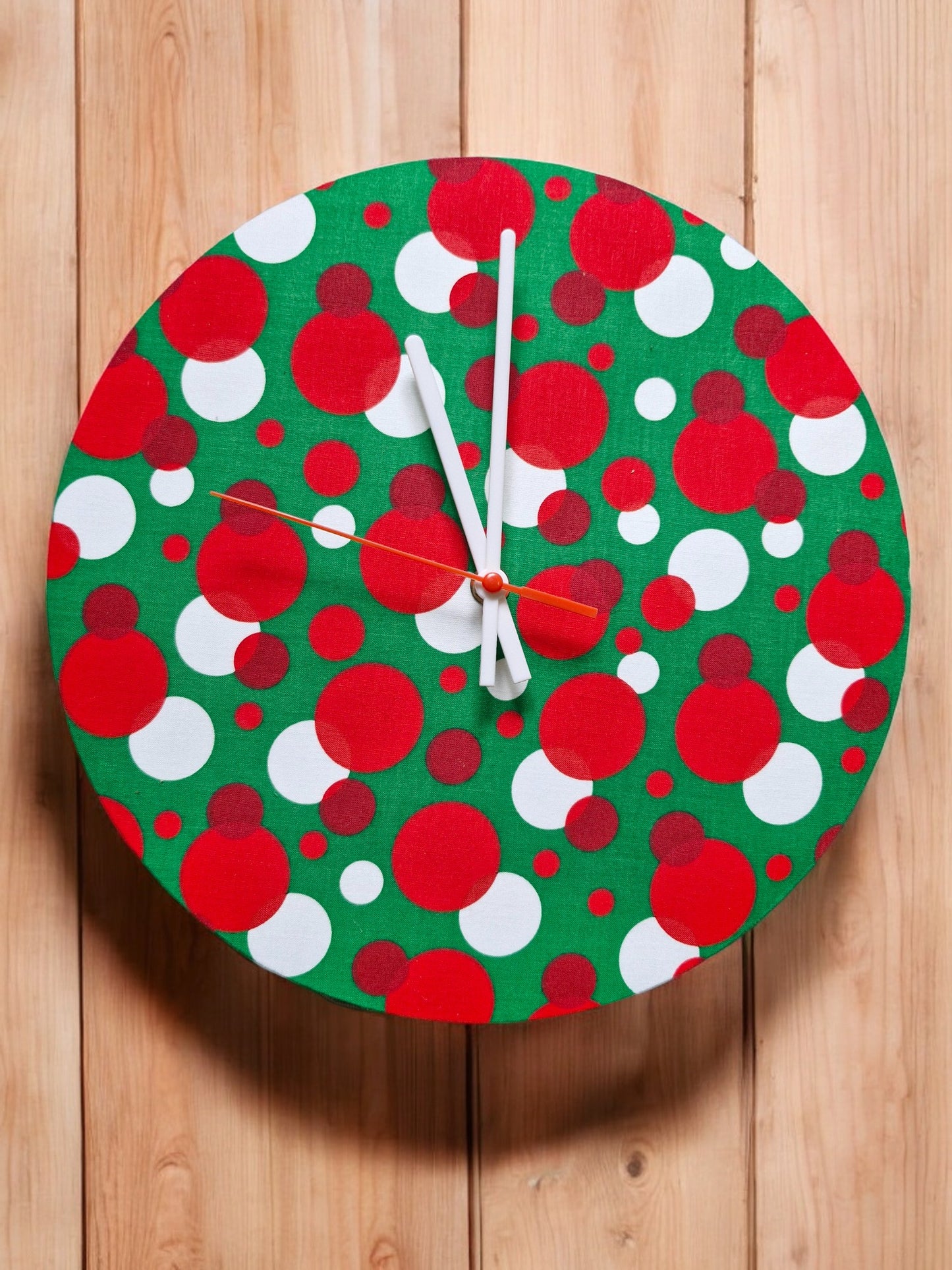 Green Clock with Red and White Spots Handmade 30cms 12" Diameter