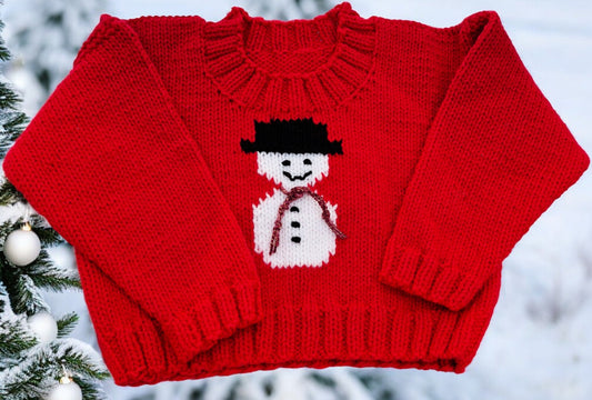 Baby's Hand Knitted Red Christmas Jumper with Snowman