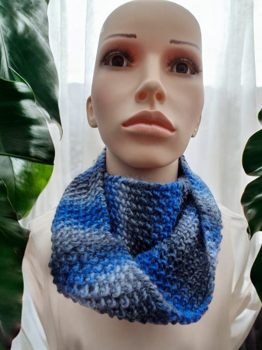 Adult's Handmade Knitted Moss Stitch Cowl - Blues and Greys