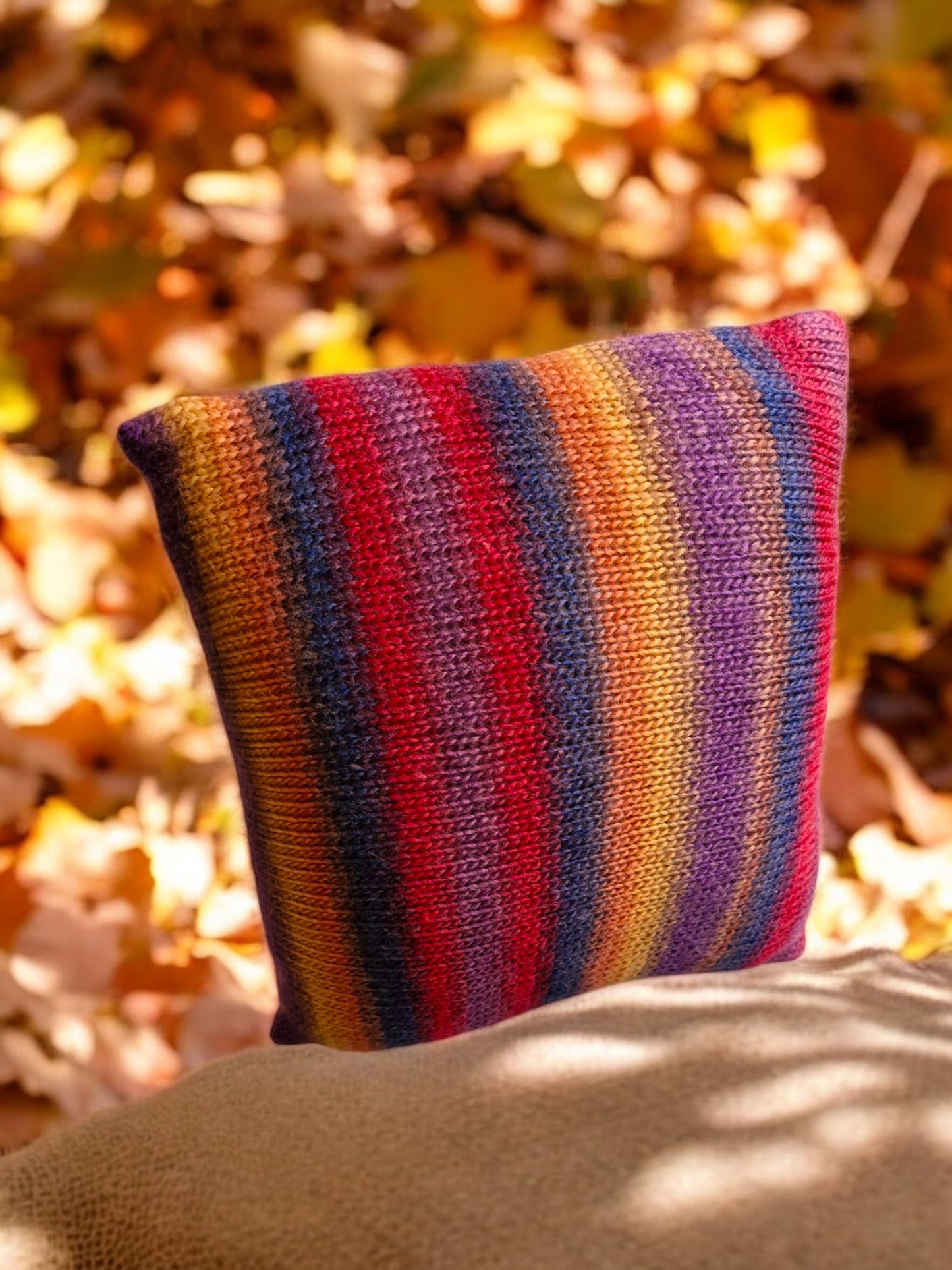 Handmade Knitted Chunky Cushion Cover - Red, Blue, Purple, Orange Mustard Stripe