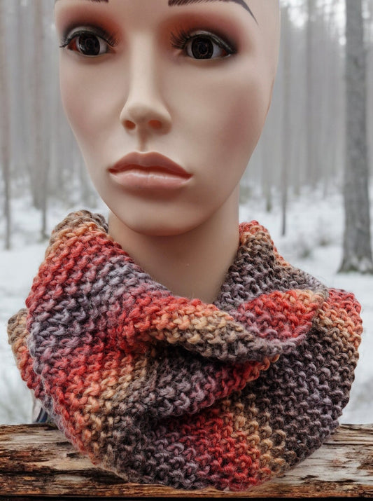 Adult's Handmade Knitted Moss Stitch Multi Rust Colour Cowl