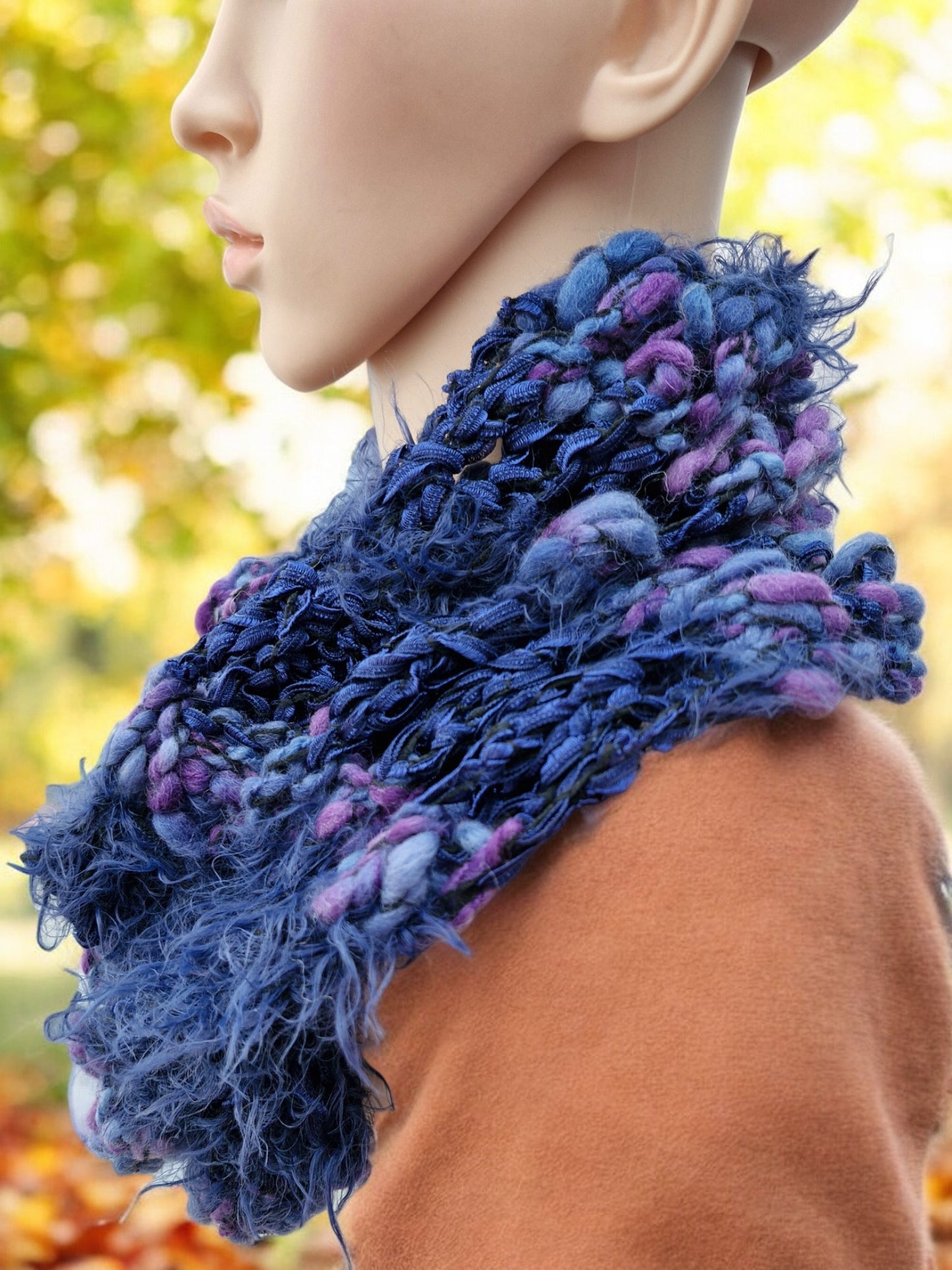 Women's Handmade Knitted Chunky Blue Multi-colour Multi-texture Cowl