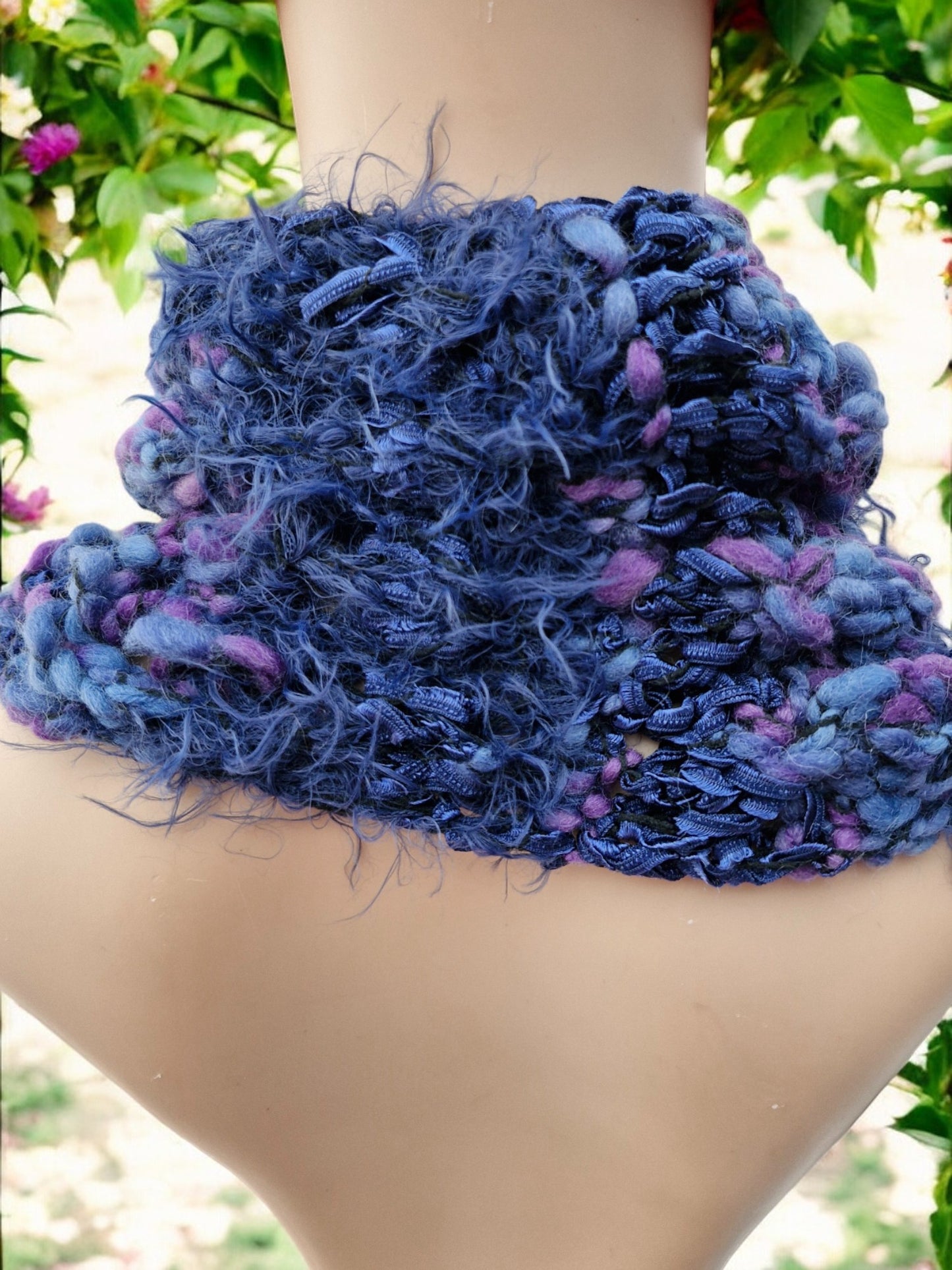 Women's Handmade Knitted Chunky Blue Multi-colour Multi-texture Cowl