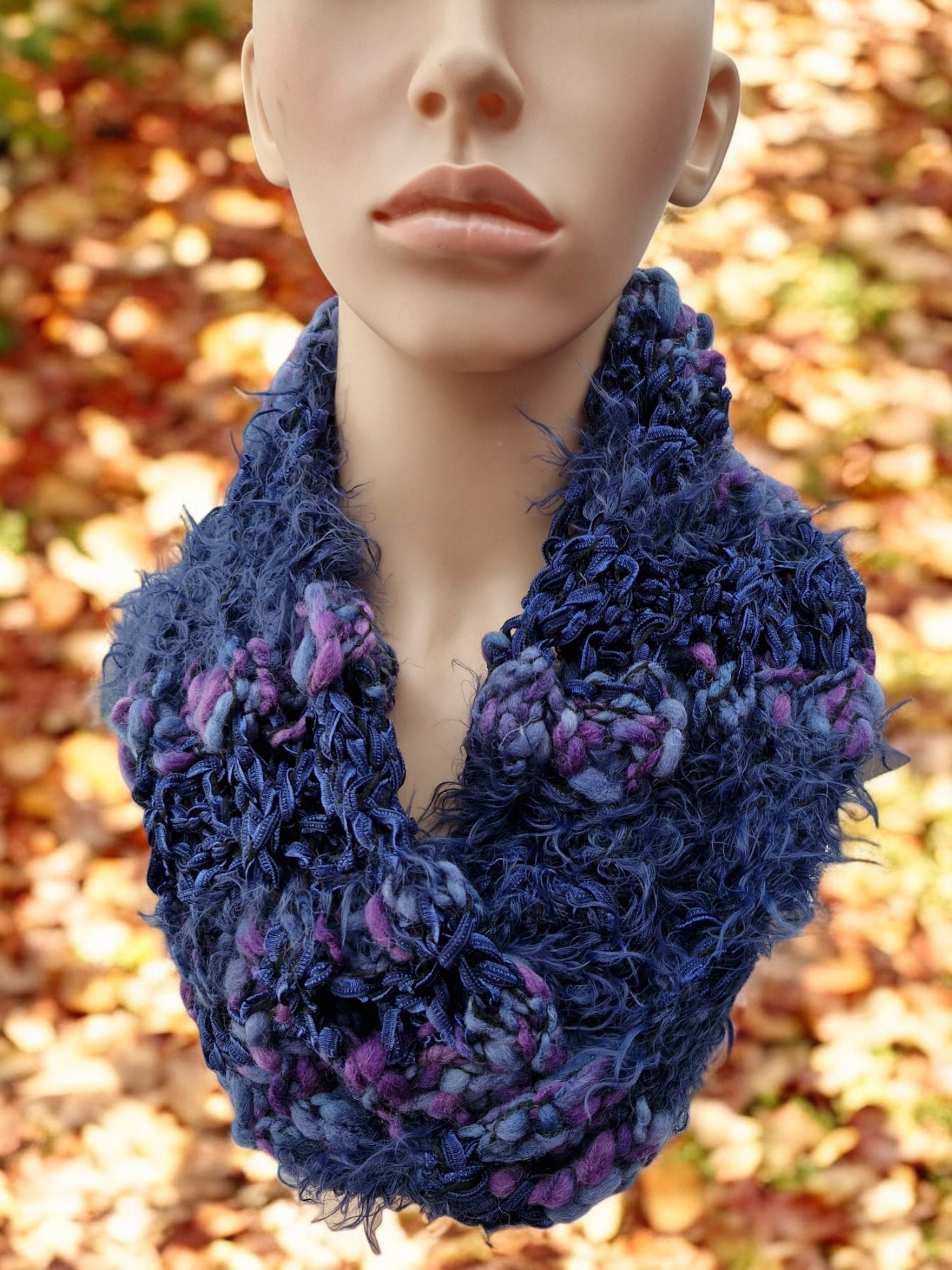 Women's Handmade Knitted Chunky Blue Multi-colour Multi-texture Cowl