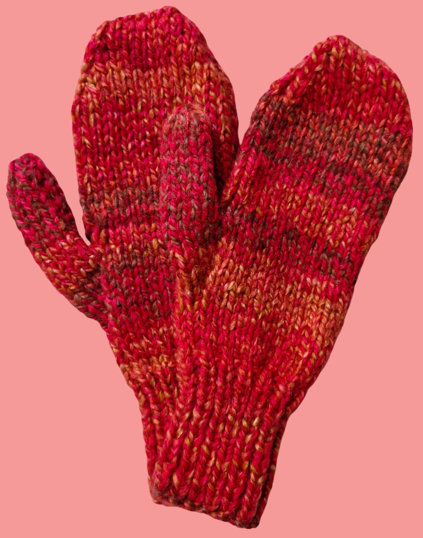 Adult's Mittens - Handmade Knitted Chunky Red, Orange, Rust, Fawn Tweed