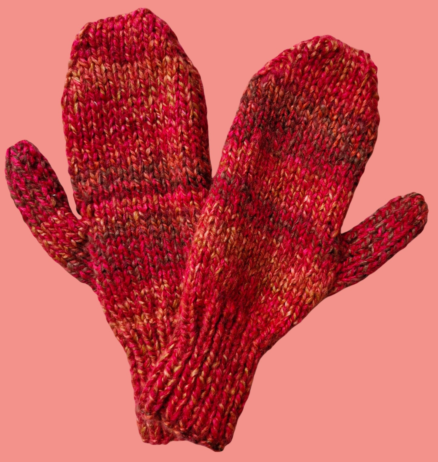 Adult's Mittens - Handmade Knitted Chunky Red, Orange, Rust, Fawn Tweed