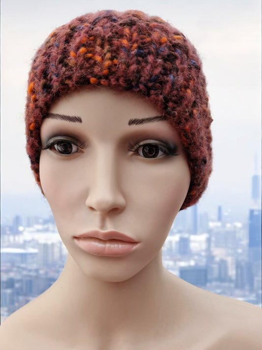 Adult's Handmade Knitted Chunky Thick Hat in Moss Stitch Rust Brown Orange