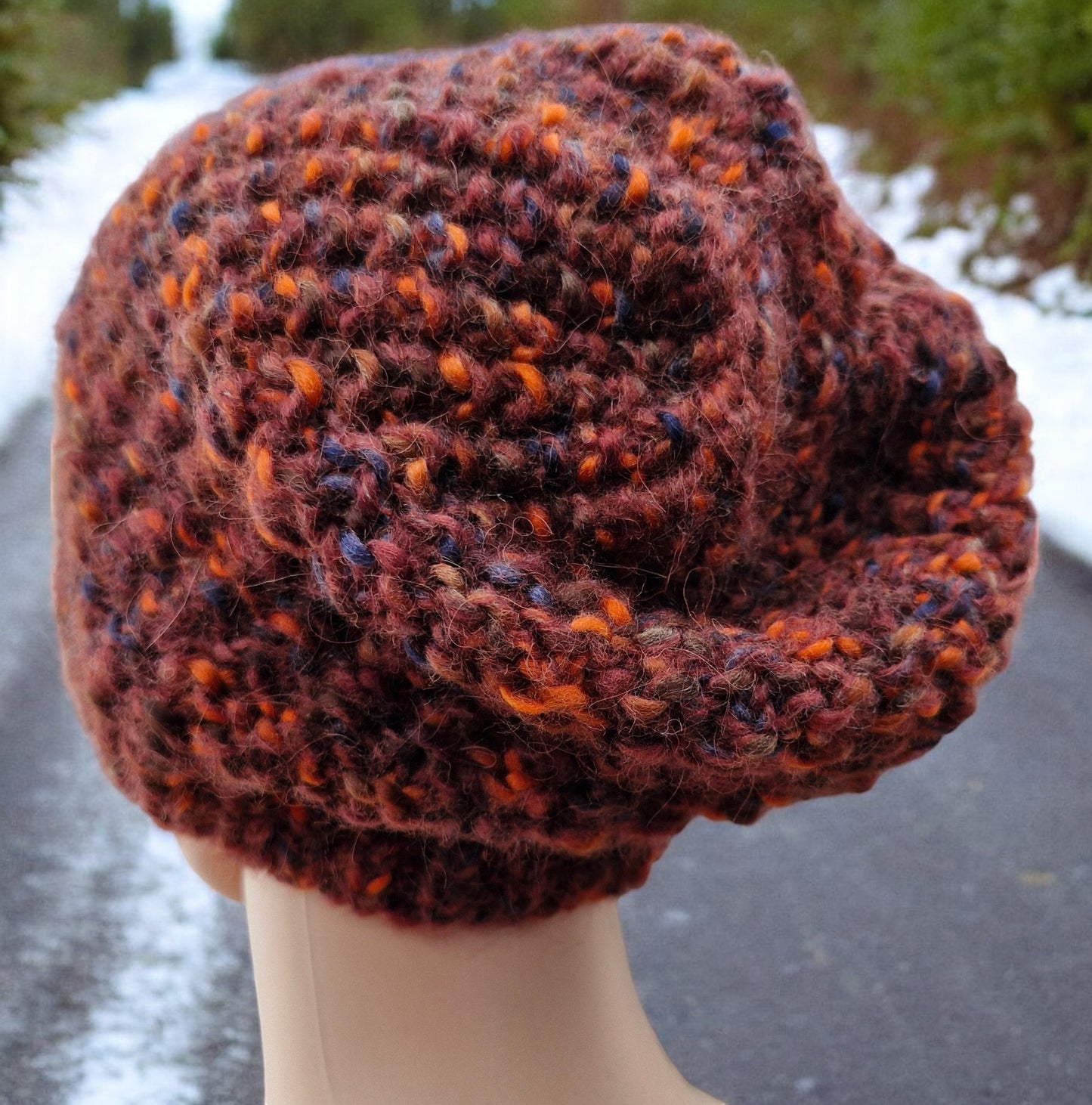 Adult's Handmade Knitted Chunky Thick Hat in Moss Stitch Rust Brown Orange