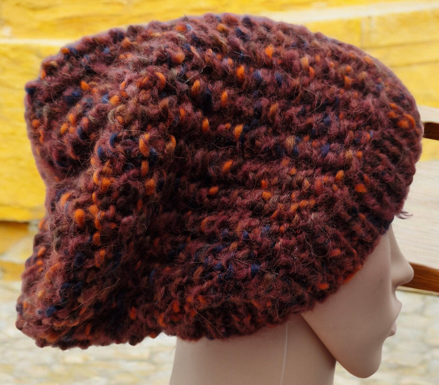 Adult's Handmade Knitted Chunky Thick Hat in Moss Stitch Rust Brown Orange