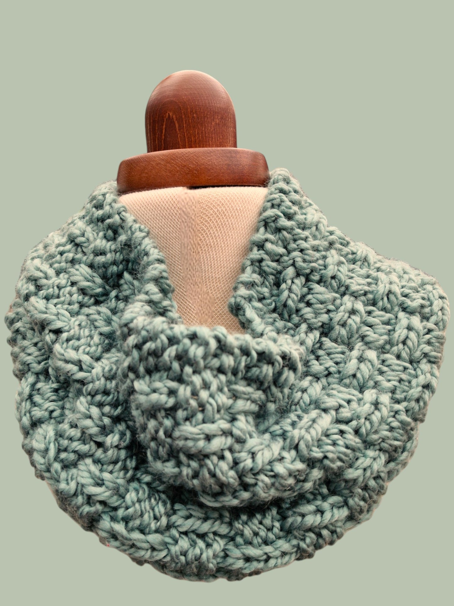 Adult's Handmade Knitted Chunky Sage Green Basket weave Cowl