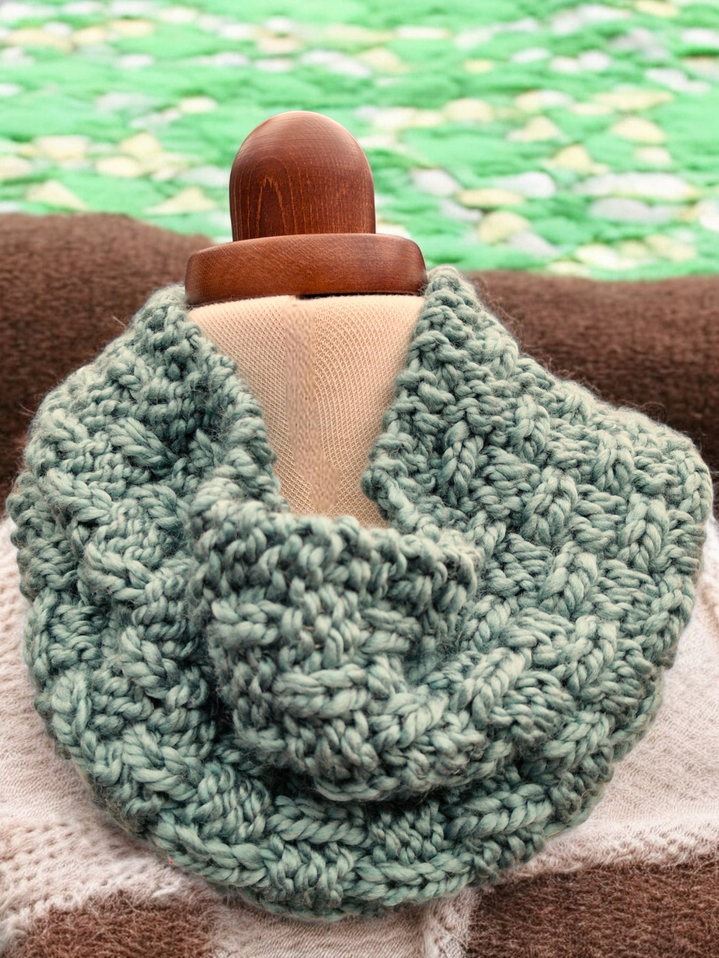 Adult's Handmade Knitted Chunky Sage Green Basket weave Cowl