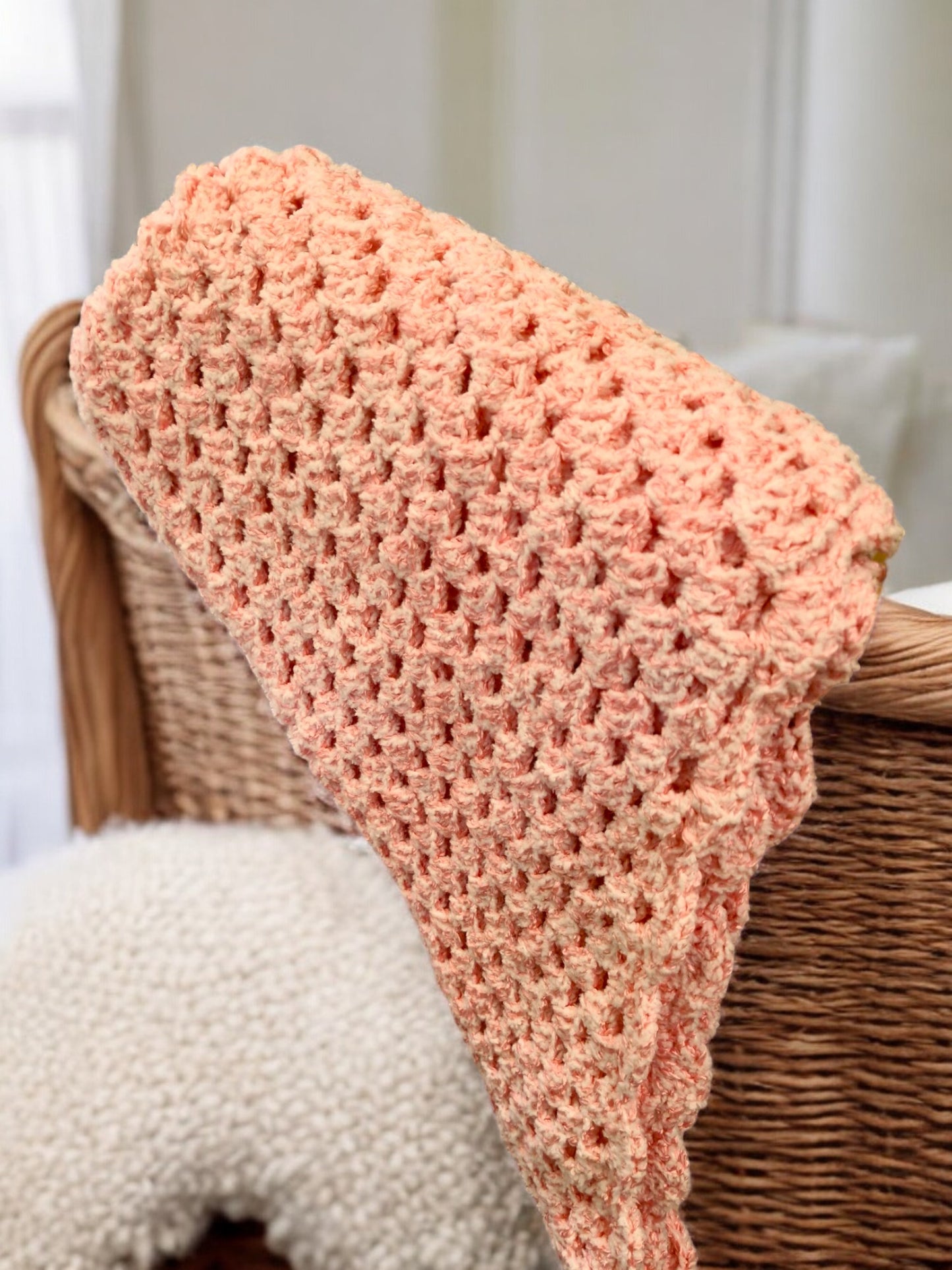 Baby's Handmade Crochet Cot or Pram Blanket in Salmon Pink