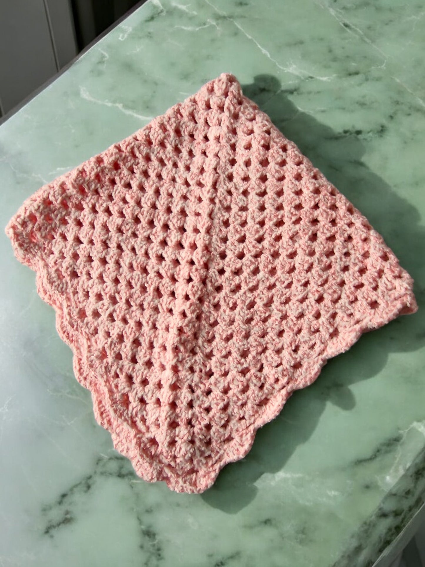 Baby's Handmade Crochet Cot or Pram Blanket in Salmon Pink