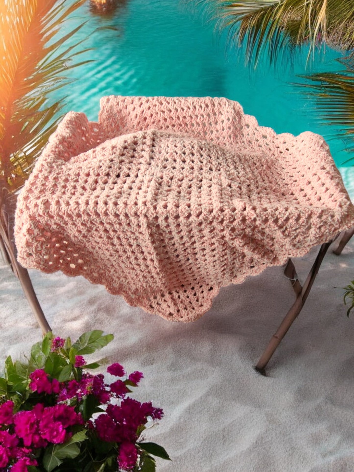 Baby's Handmade Crochet Cot or Pram Blanket in Salmon Pink