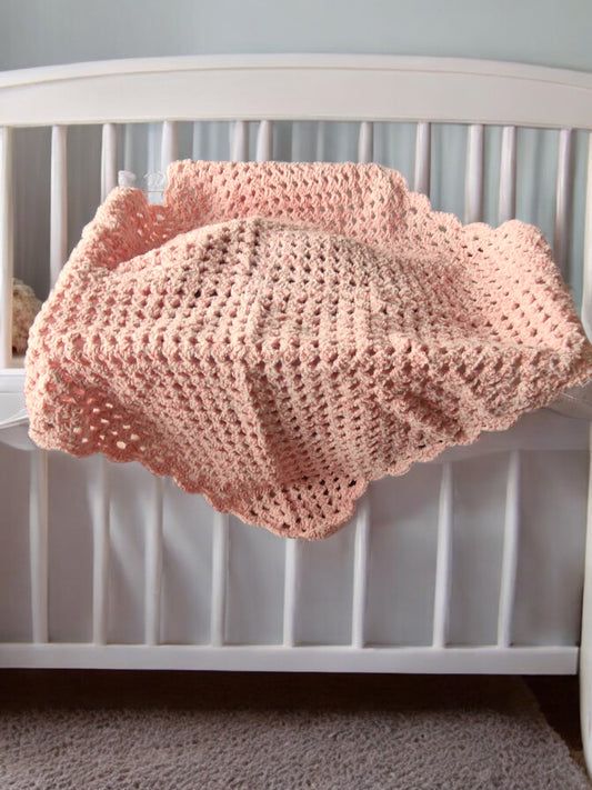 Baby's Handmade Crochet Cot or Pram Blanket in Salmon Pink