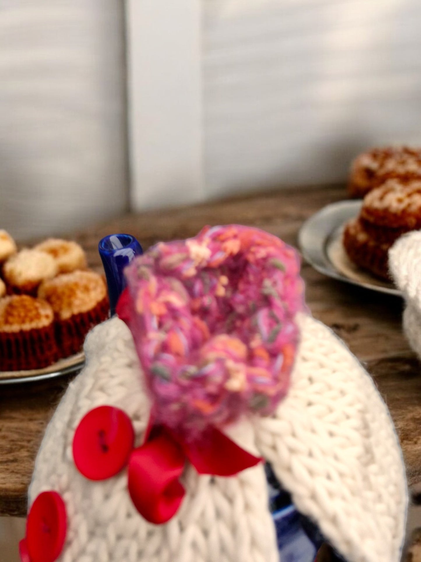 Handmade Knitted Chunky Small Tea Cosy Cream and Cerise