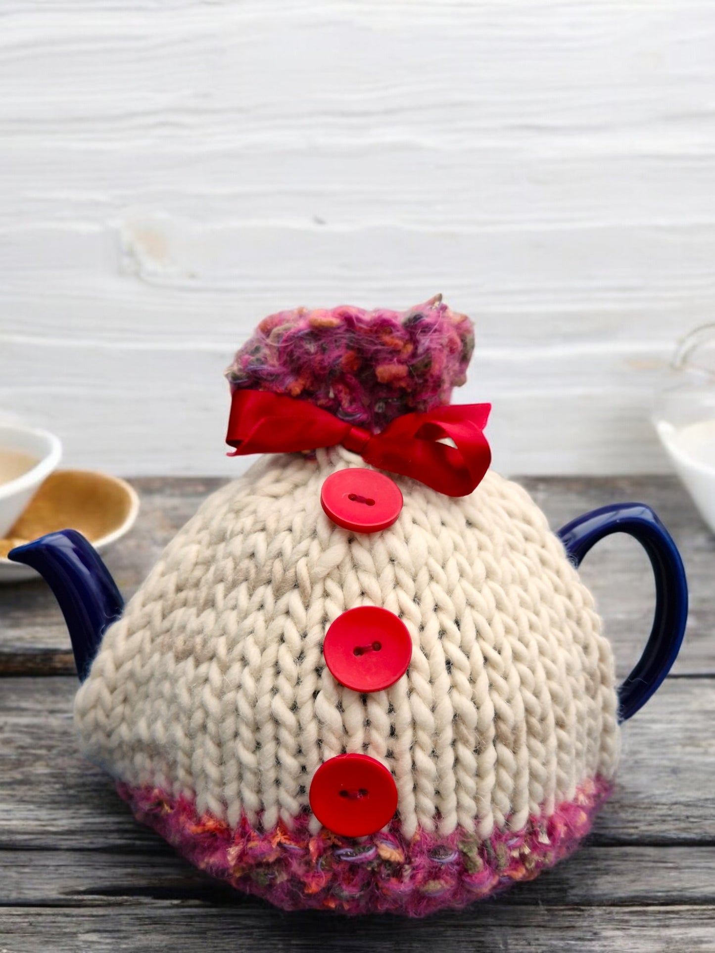 Handmade Knitted Chunky Small Tea Cosy Cream and Cerise