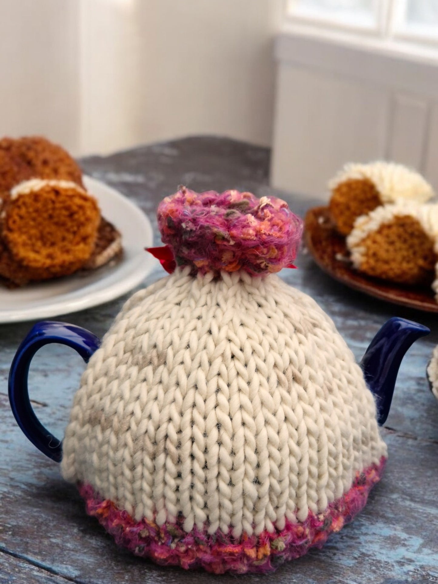 Handmade Knitted Chunky Small Tea Cosy Cream and Cerise