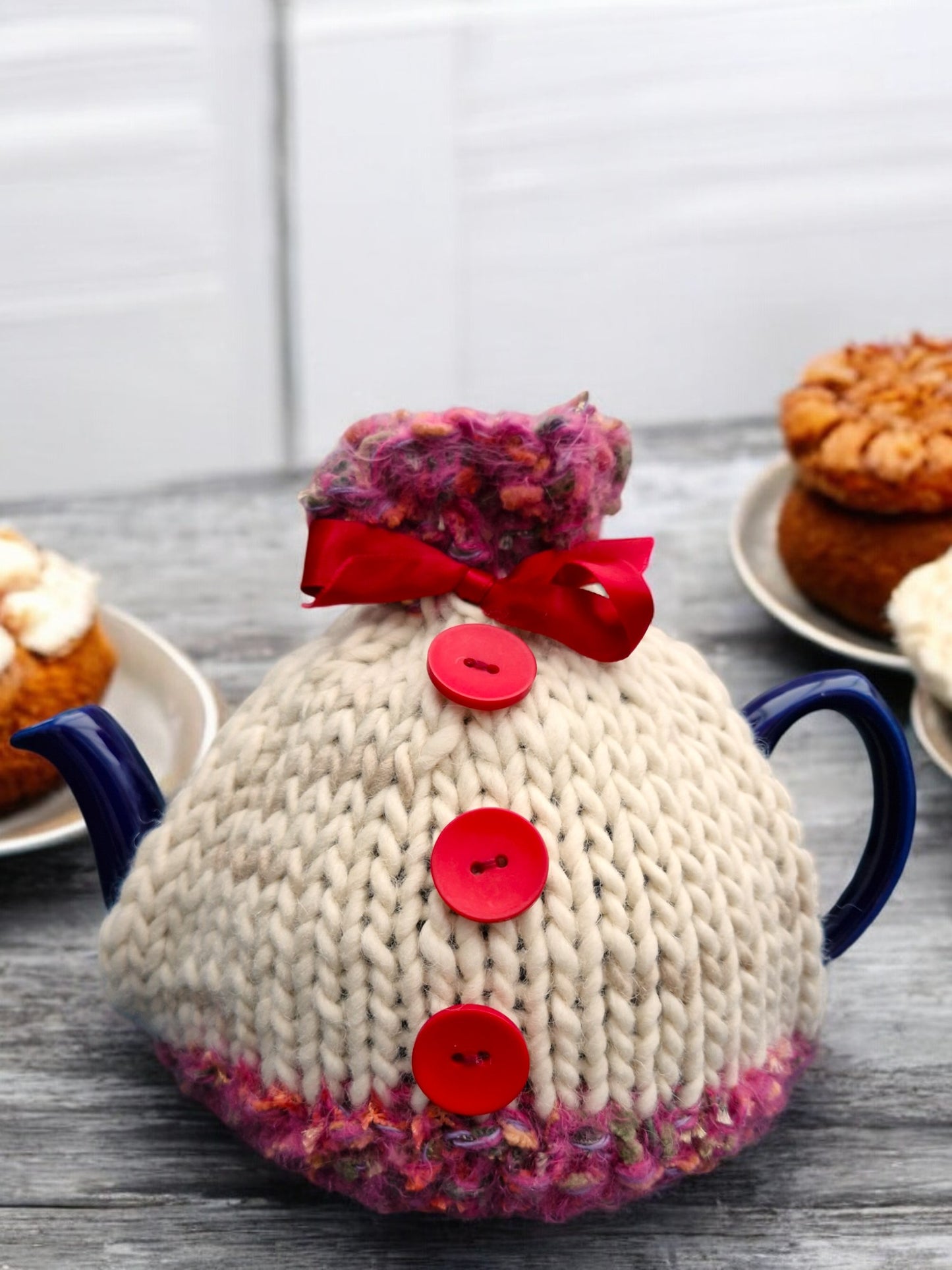 Handmade Knitted Chunky Small Tea Cosy Cream and Cerise