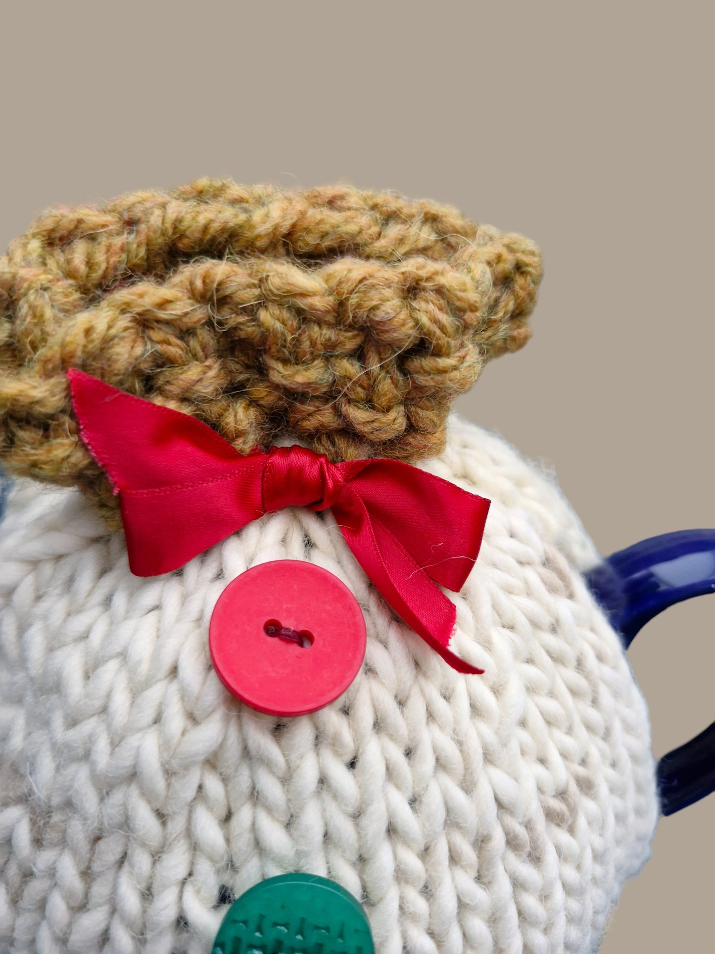 Handmade Knitted Chunky Small Tea Cosy Cream and Mustard