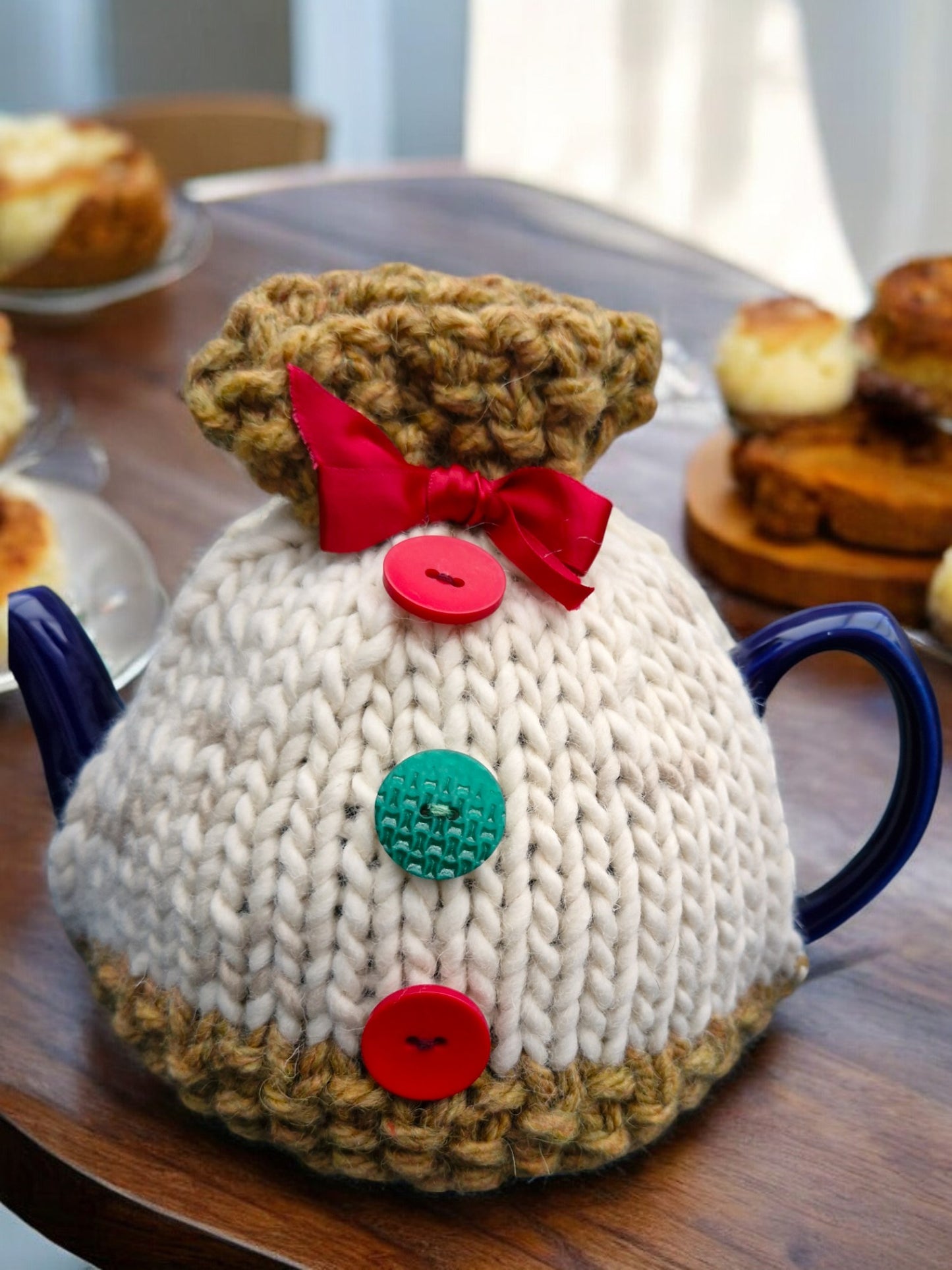 Handmade Knitted Chunky Small Tea Cosy Cream and Mustard