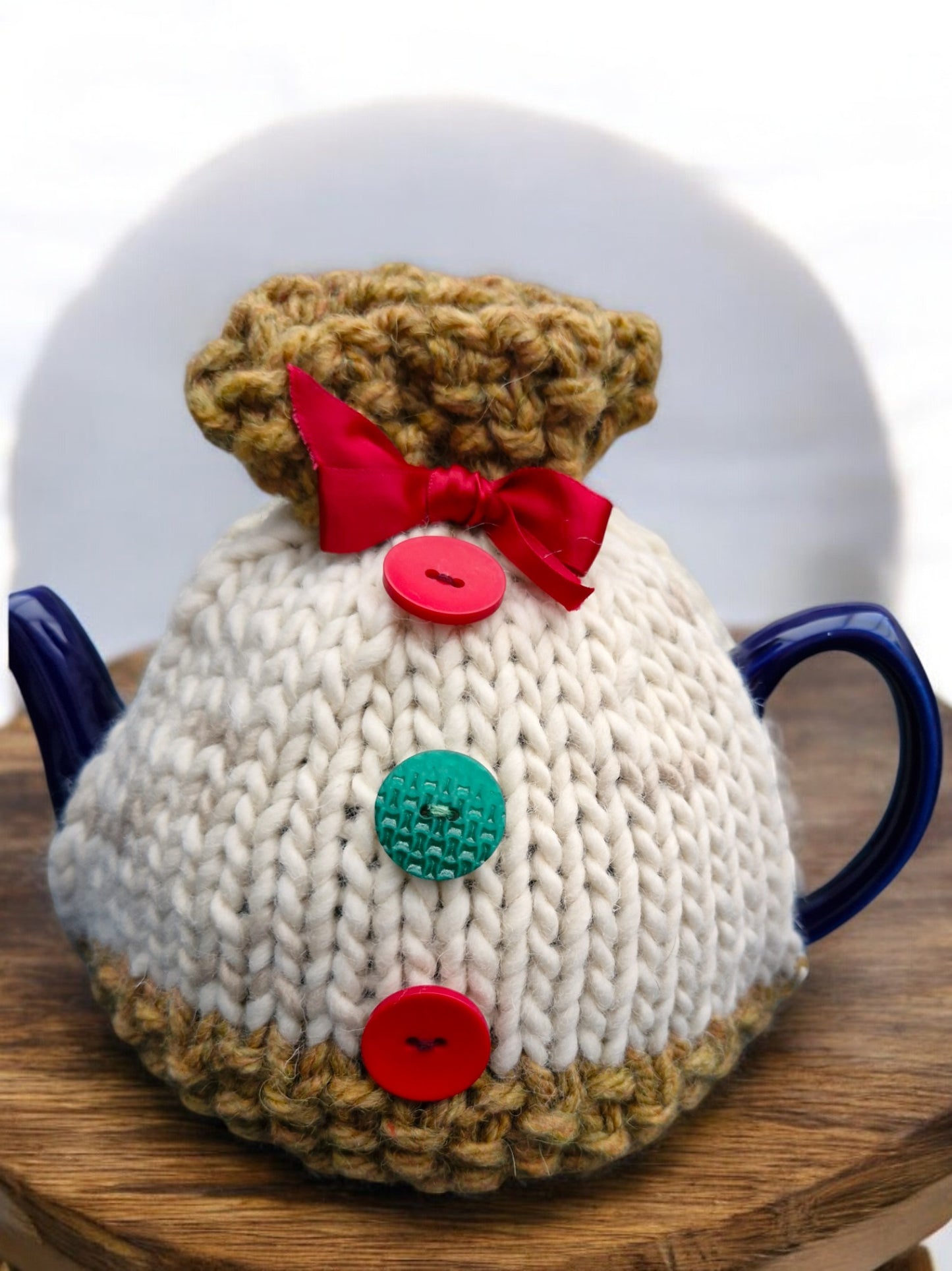 Handmade Knitted Chunky Small Tea Cosy Cream and Mustard