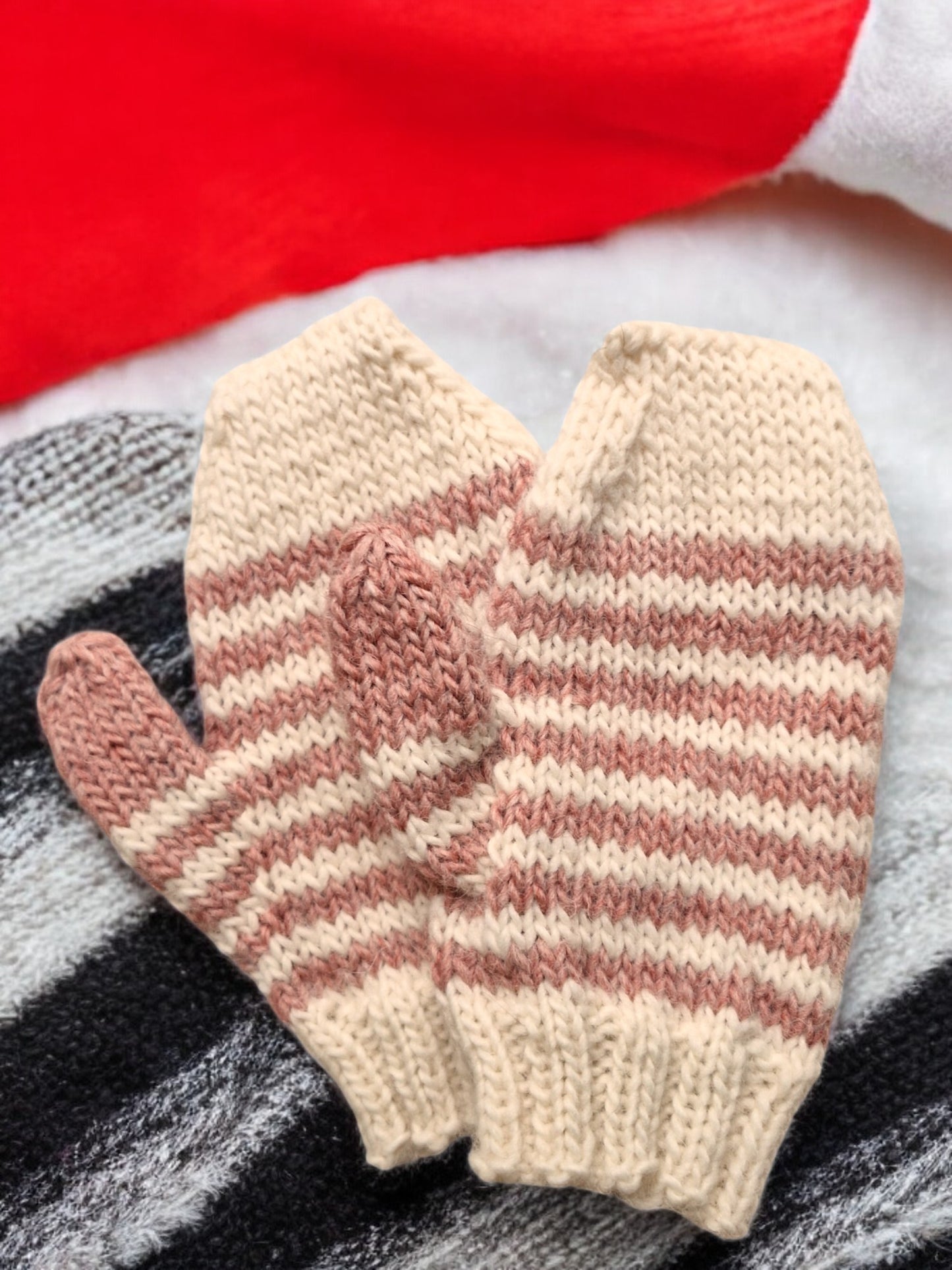 Children's Striped Mittens - Handmade Knitted Pure British DK Wool - Cream Brick