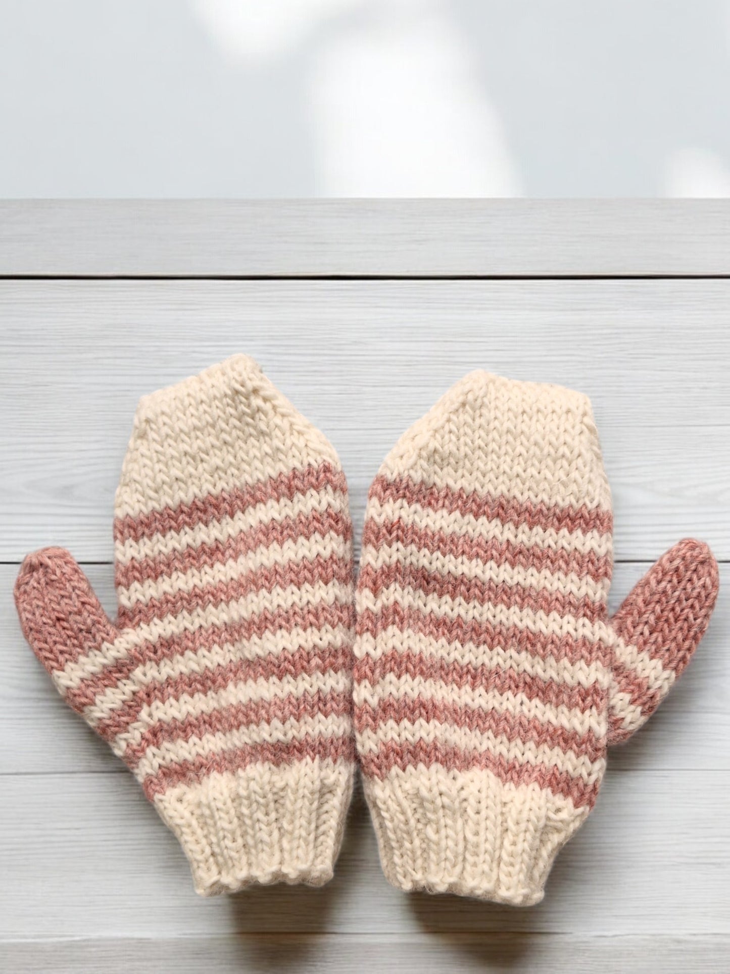 Children's Striped Mittens - Handmade Knitted Pure British DK Wool - Cream Brick