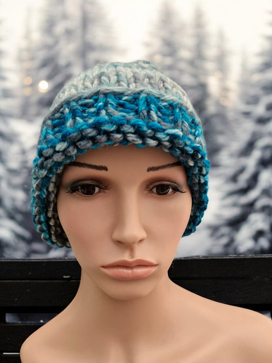 Lady's/Men's Handmade Knitted Super Chunky Thick Multi Colour Hat Teal/Grey