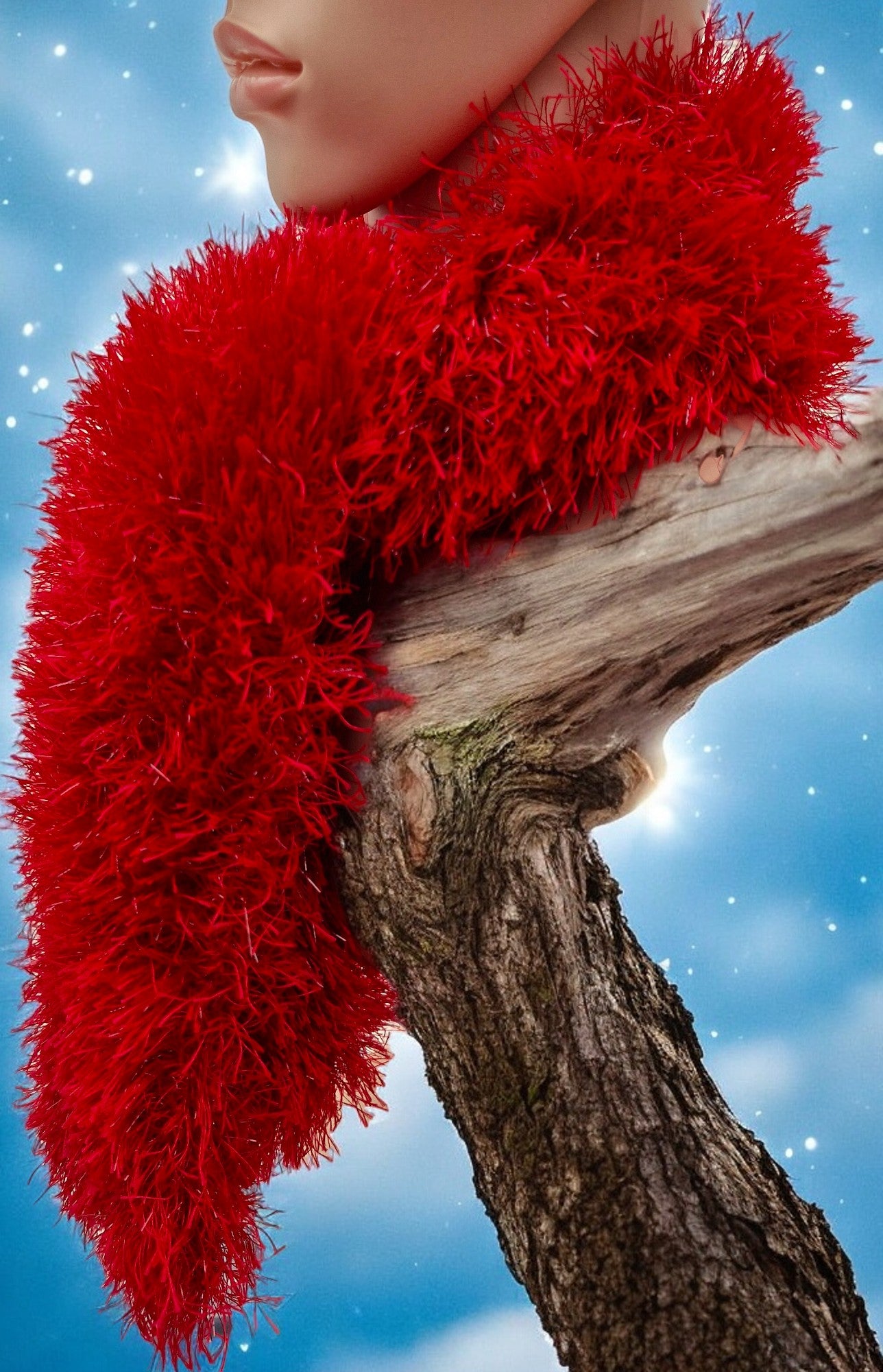 Women's Handmade Knitted Red Tinsel Long Hair Scarf