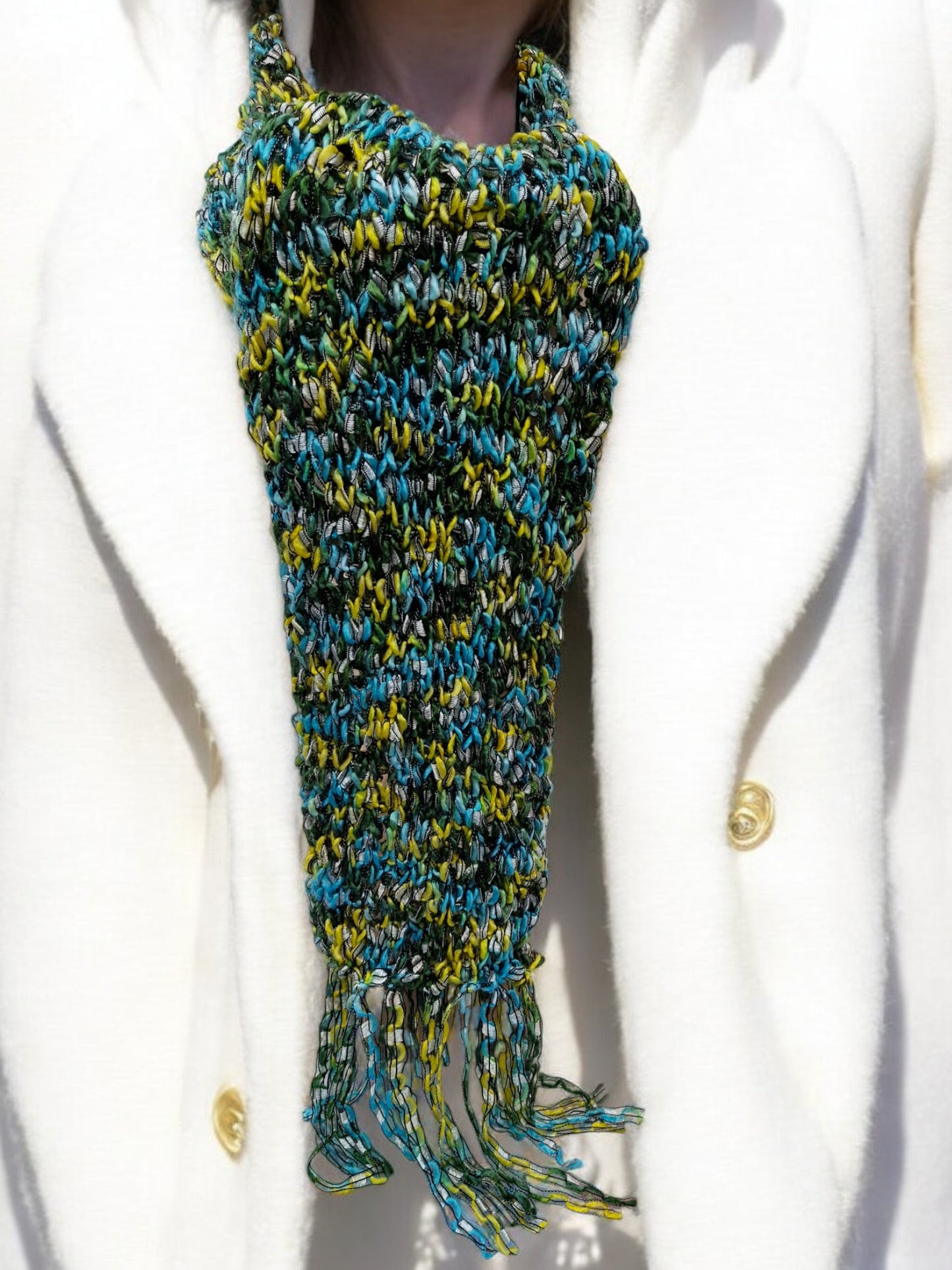 Women's Handmade Knitted Multi Coloured Ribbon Scarf - Green, Lime, Turquoise