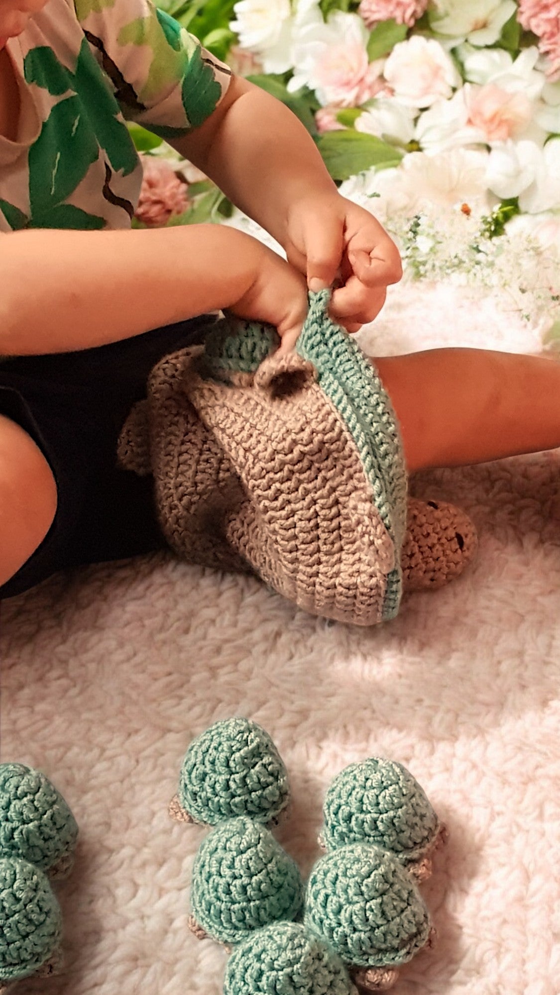 Handmade Crochet Turtle and Babies Memory Game - Soft Toy Sage Green/Brown