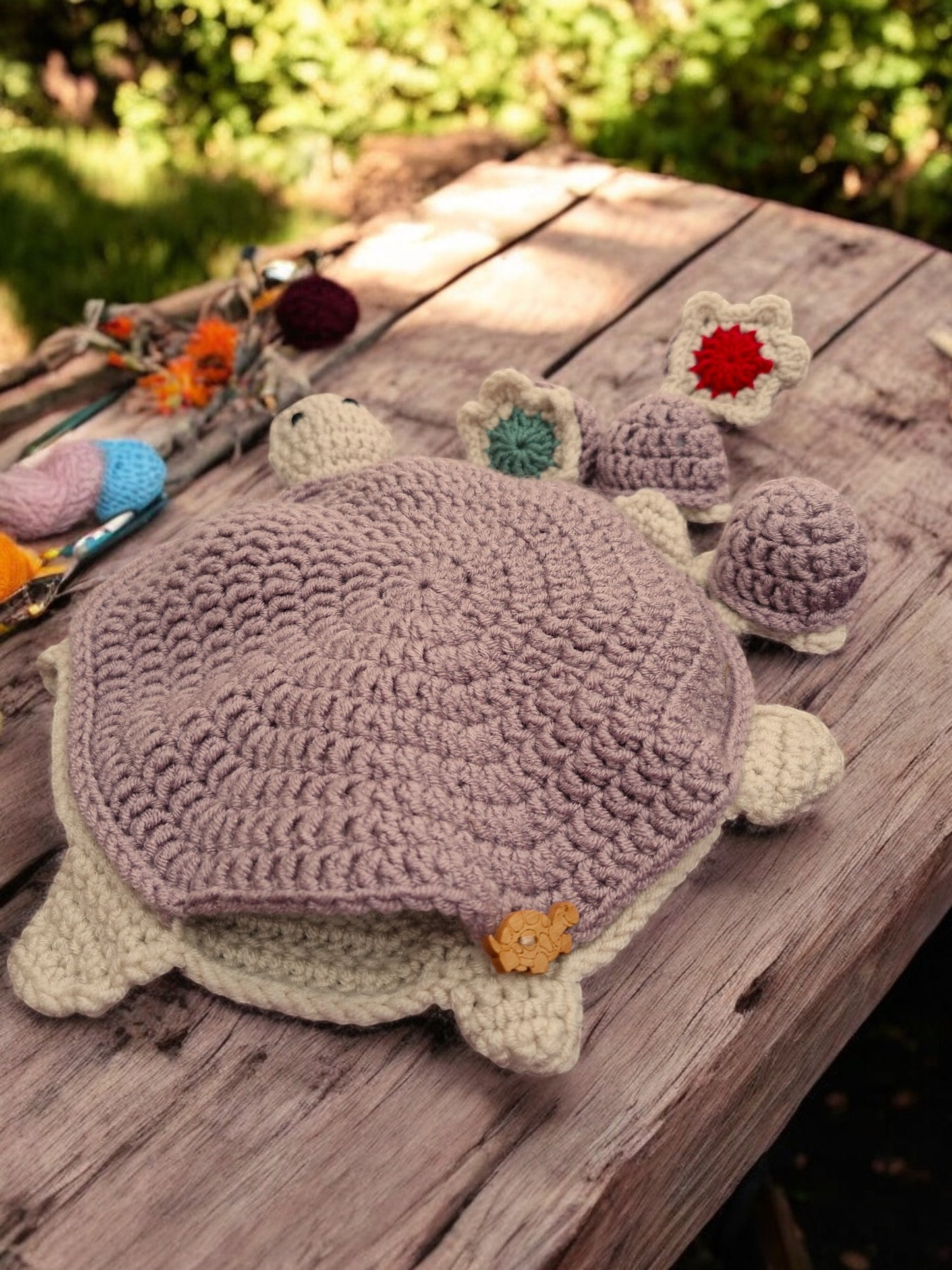 Handmade Crochet Turtle and Babies Memory Game - Soft Toy Mulberry/Beige