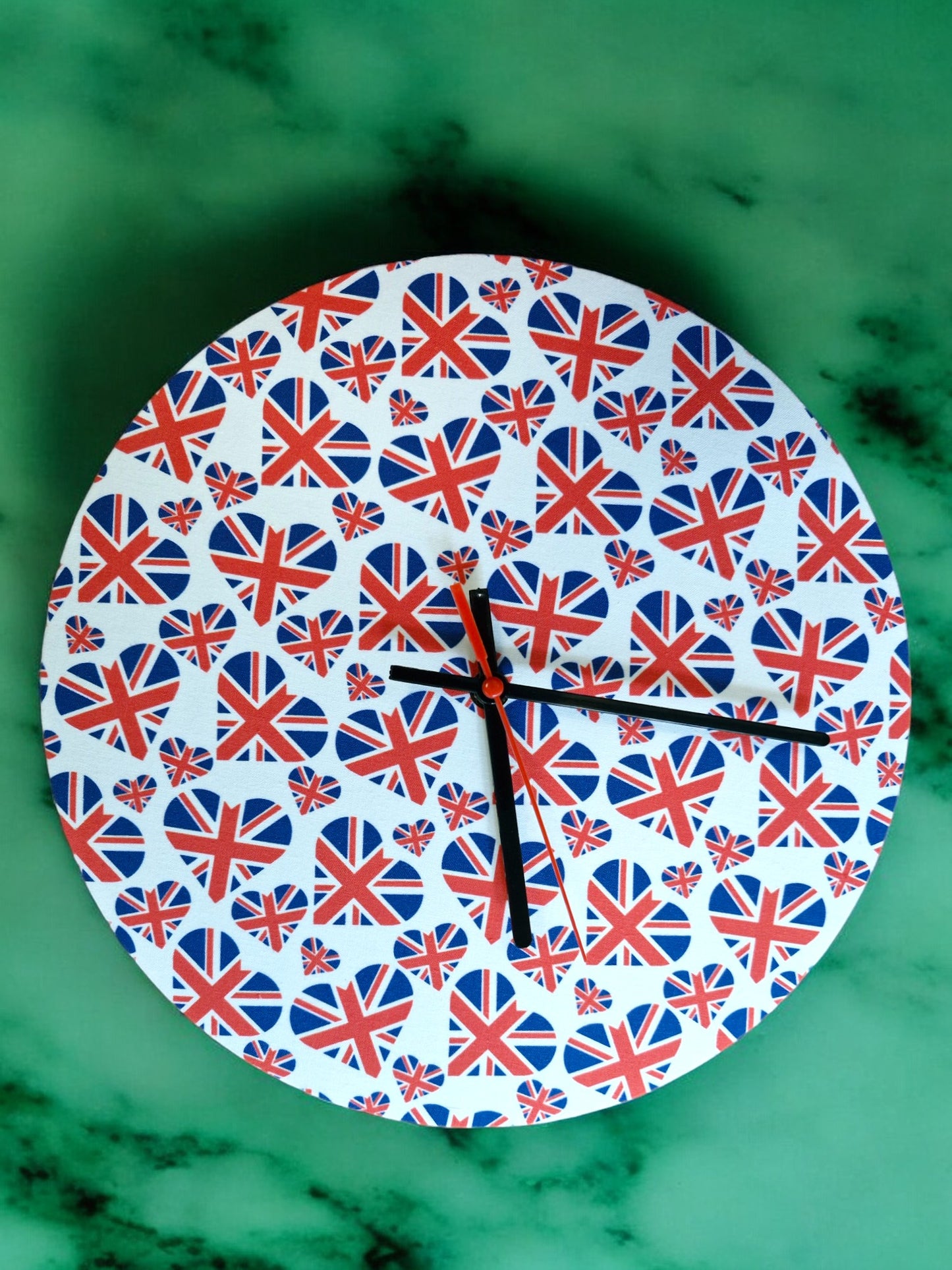 UK flag in Hearts Clock Handmade 30cms 12" Diameter