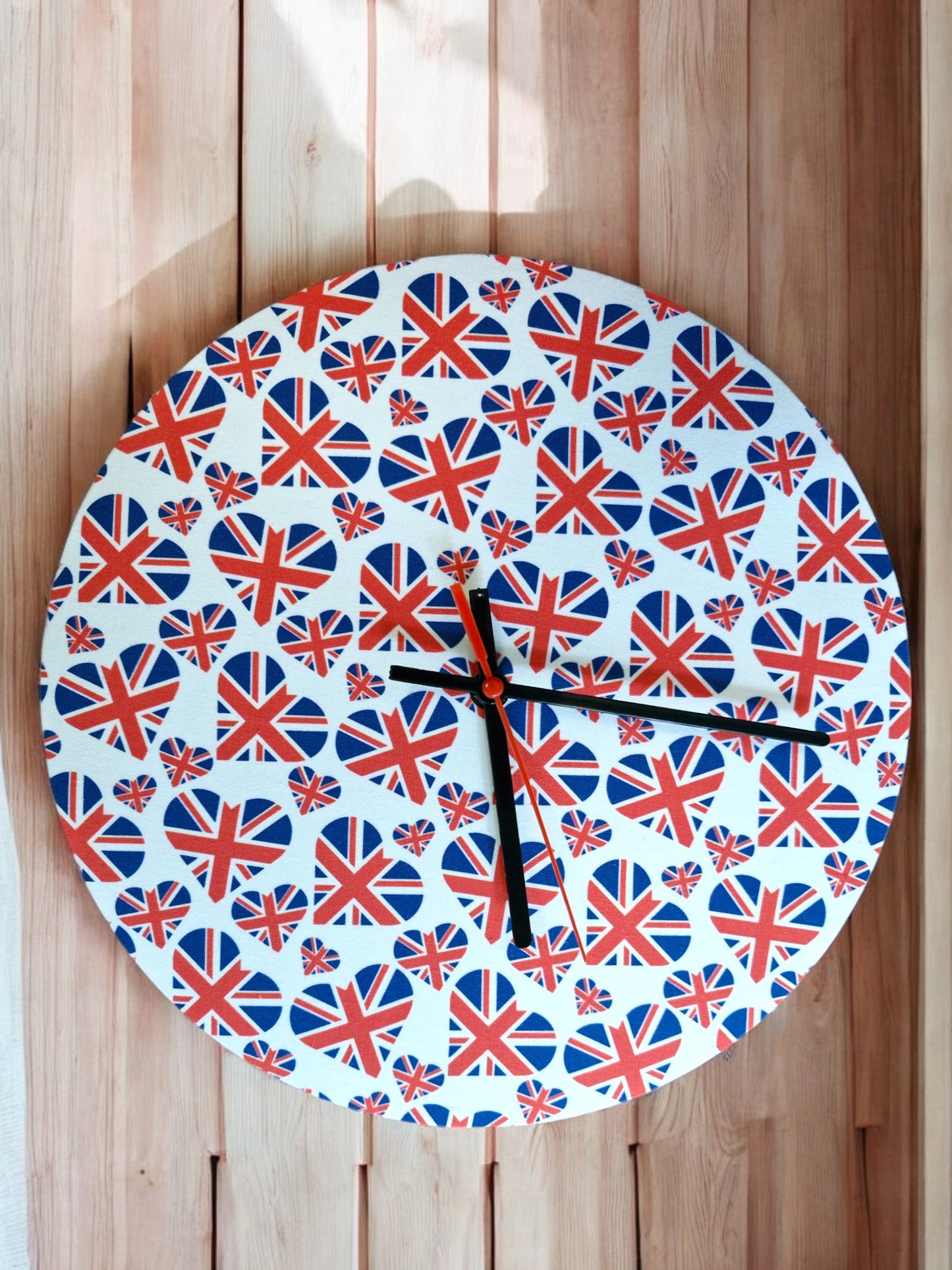 UK flag in Hearts Clock Handmade 30cms 12" Diameter