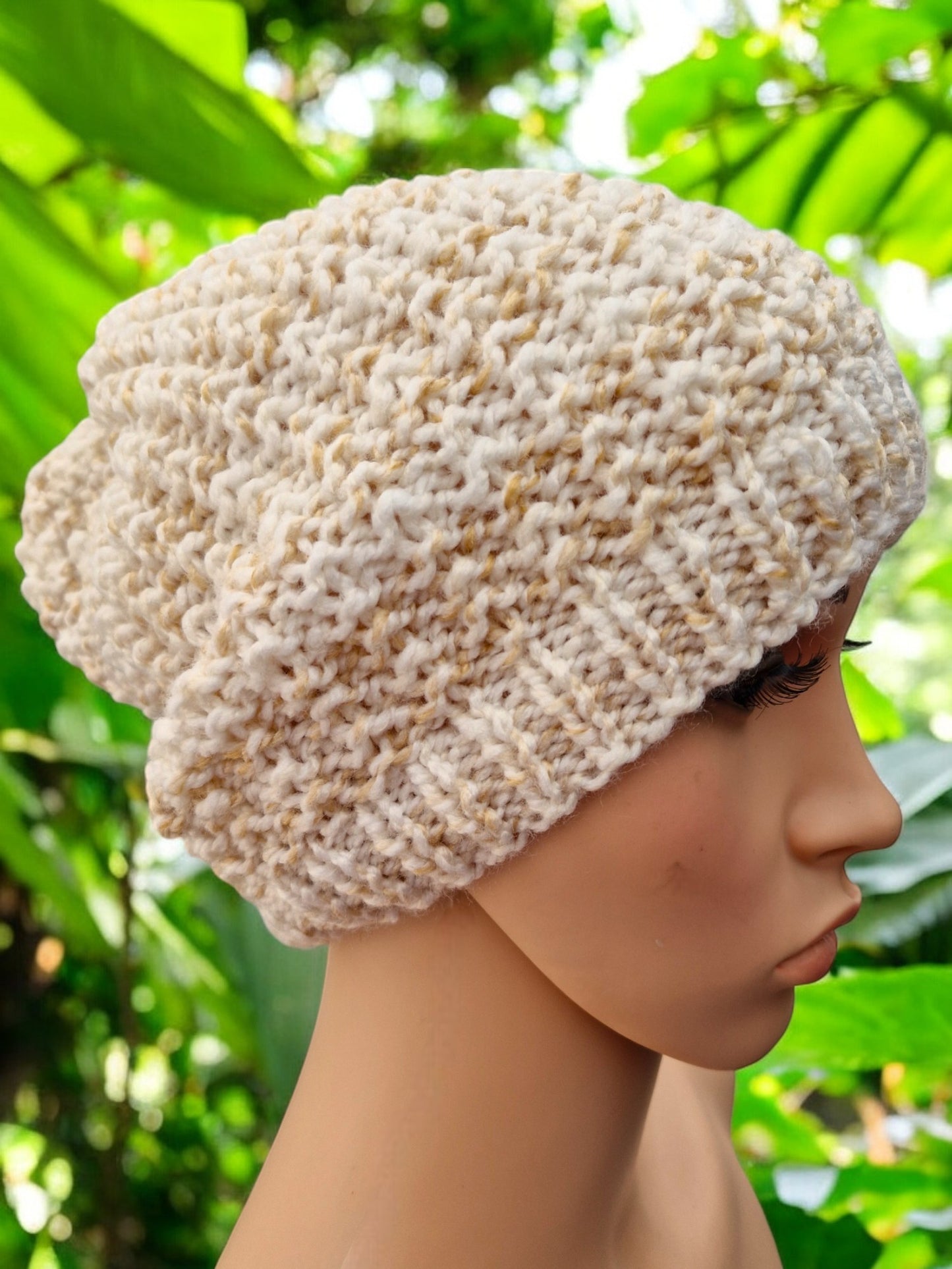 Adult's Hat and Mittens - Handmade Knitted Chunky White & Caramel Brown