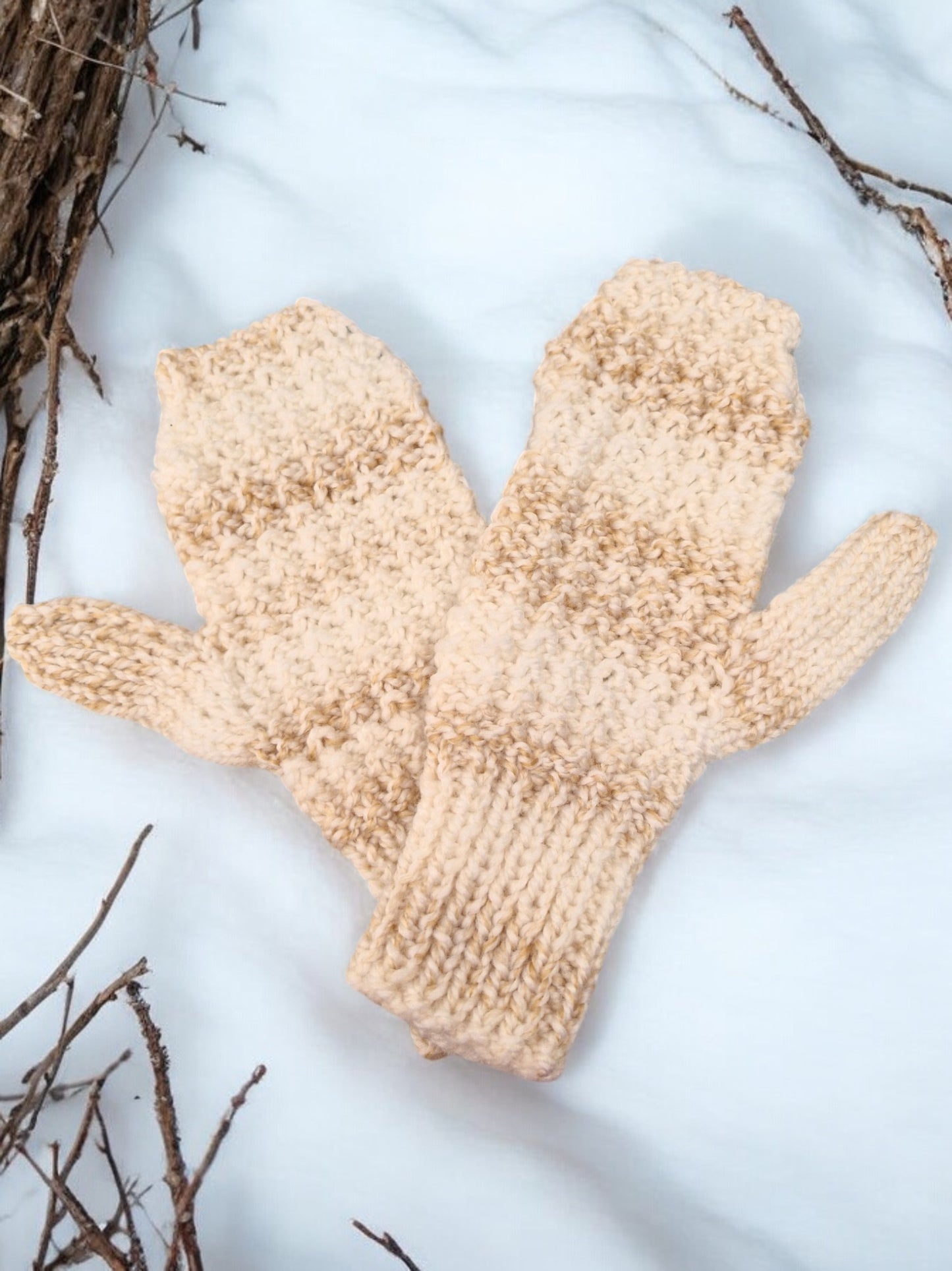 Adult's Hat and Mittens - Handmade Knitted Chunky White & Caramel Brown