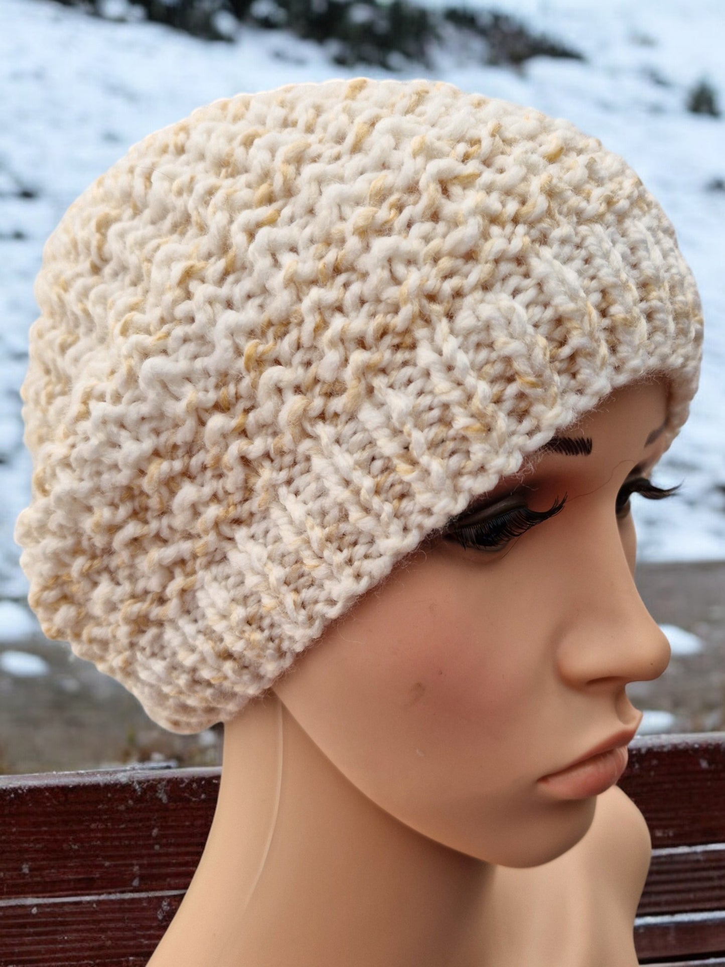 Adult's Hat and Mittens - Handmade Knitted Chunky White & Caramel Brown