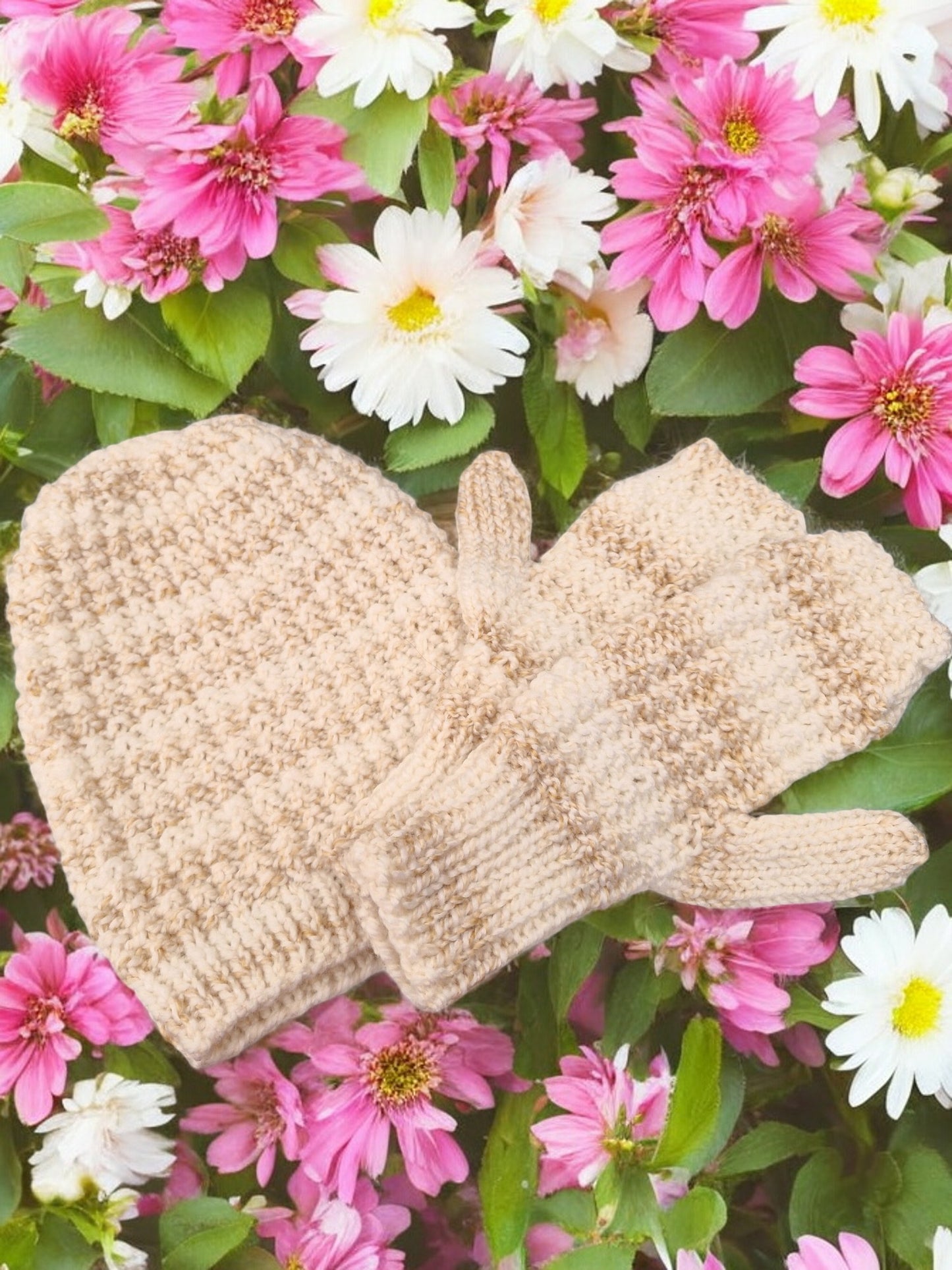 Adult's Hat and Mittens - Handmade Knitted Chunky White & Caramel Brown