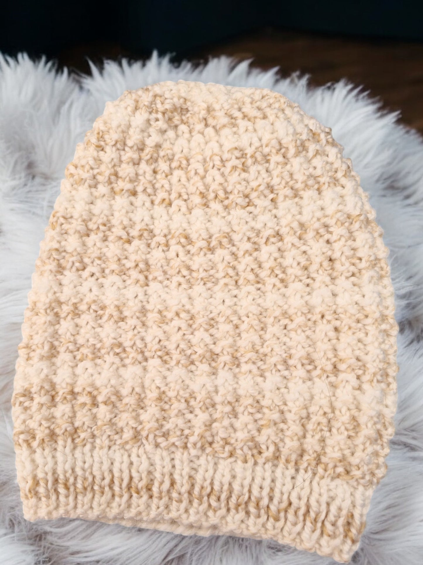 Adult's Hat and Mittens - Handmade Knitted Chunky White & Caramel Brown