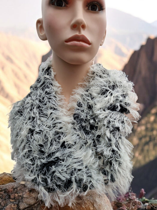 Adult's Handmade Knitted Fluffy Scarf Yarn Cowl - Cream, Black