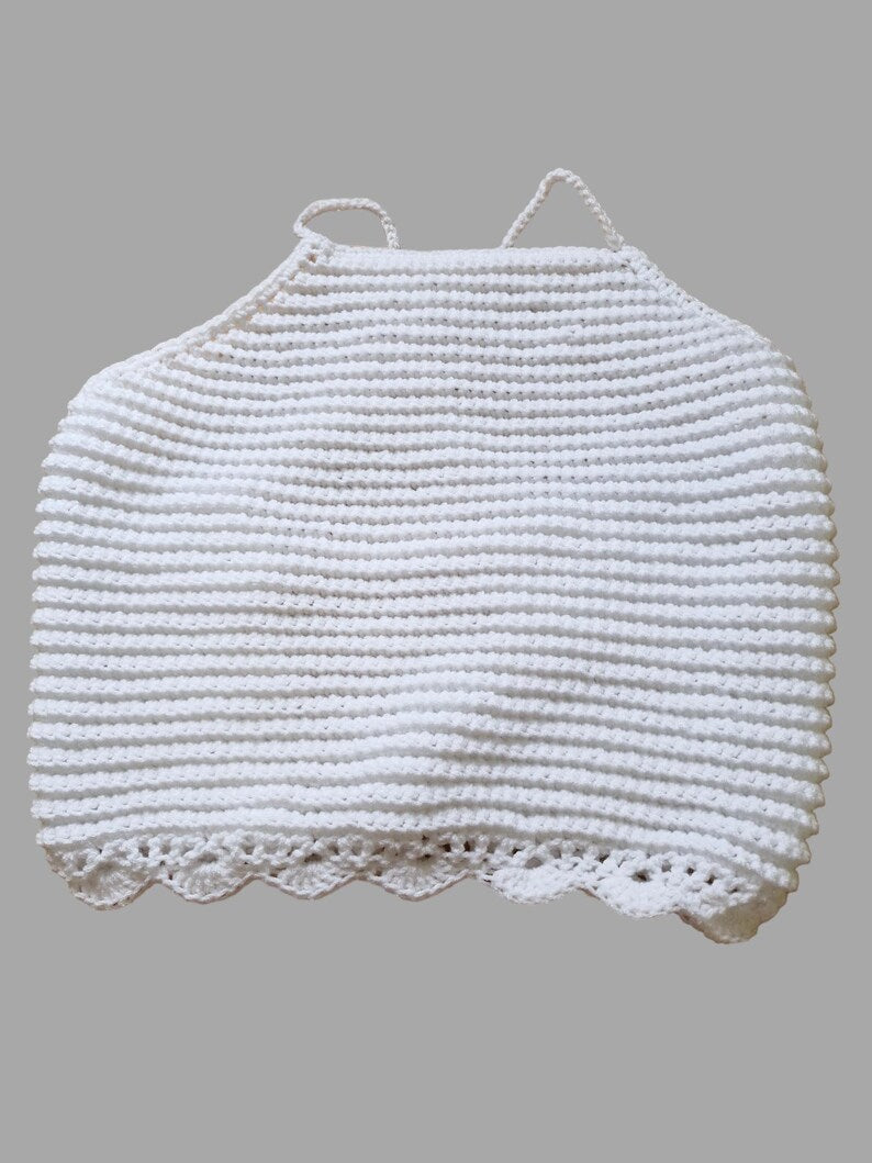 Women's Handmade Crochet Cropped Cross Back Top in White with Lace Edging