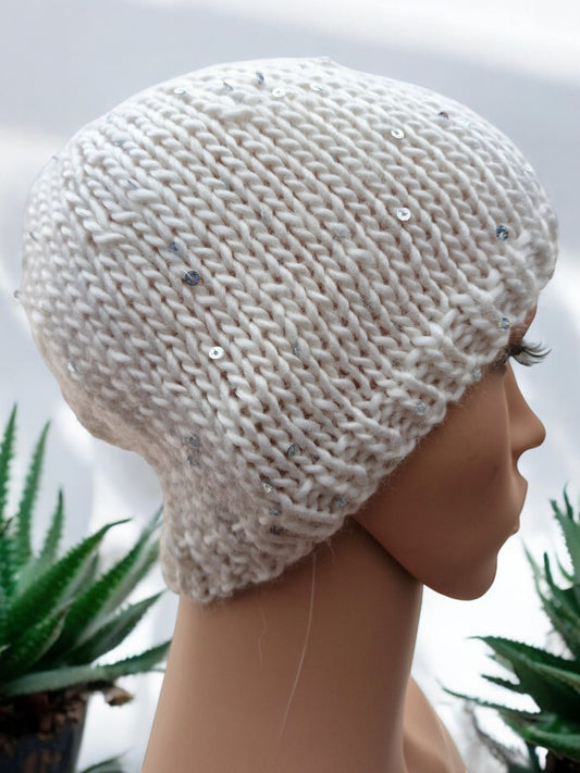 Teenagers Handmade Knitted Sequined Beanie Hat - White and Silver