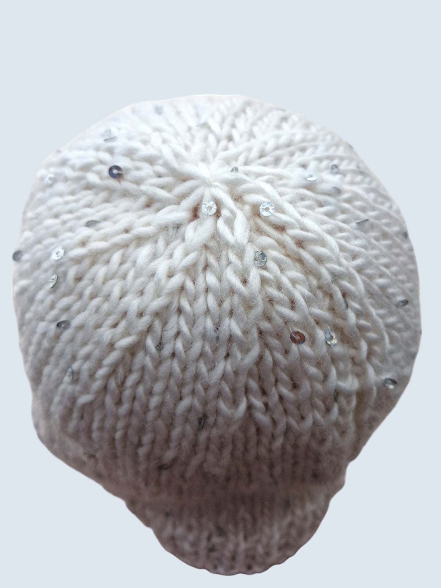 Teenagers Handmade Knitted Sequined Beanie Hat - White and Silver