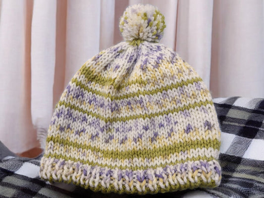 Child's Handmade Knitted Fair Isle Style Bobble Hat - White, Grass, Purple, Lemon