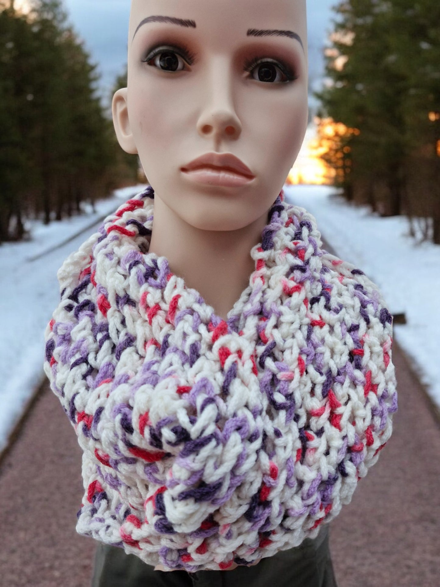 Women's Handmade Knitted Super Chunky White Multi Double Loop Cowl/Snood